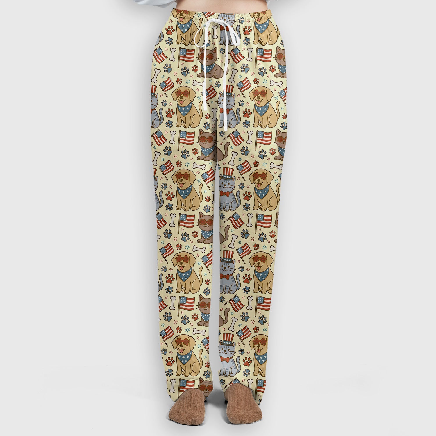 American Flag Patriotic Cat & Dog Pattern Scrub Set, Scrub Pants and V Neck Top