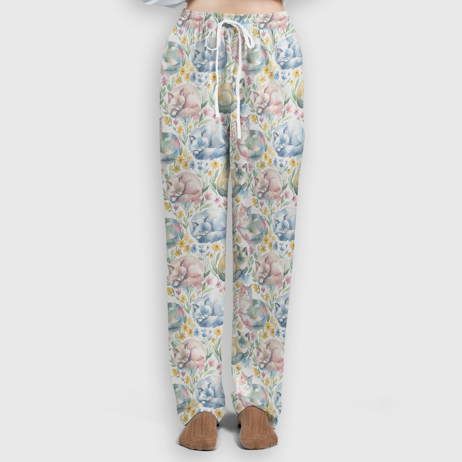 Dreamy Sleeping Cat Floral Pattern Scrub Set, Scrub Pants and V Neck Top