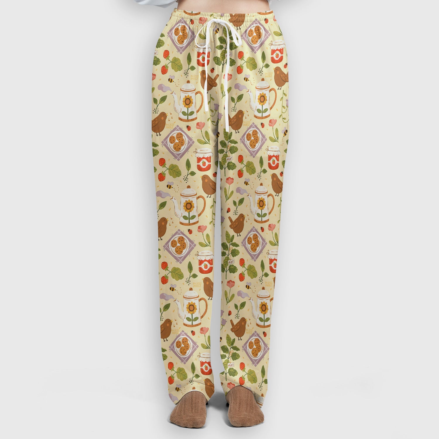 Cute Garden Tea Bird Strawberry Pattern Scrub Set, Scrub Pants and V Neck Top
