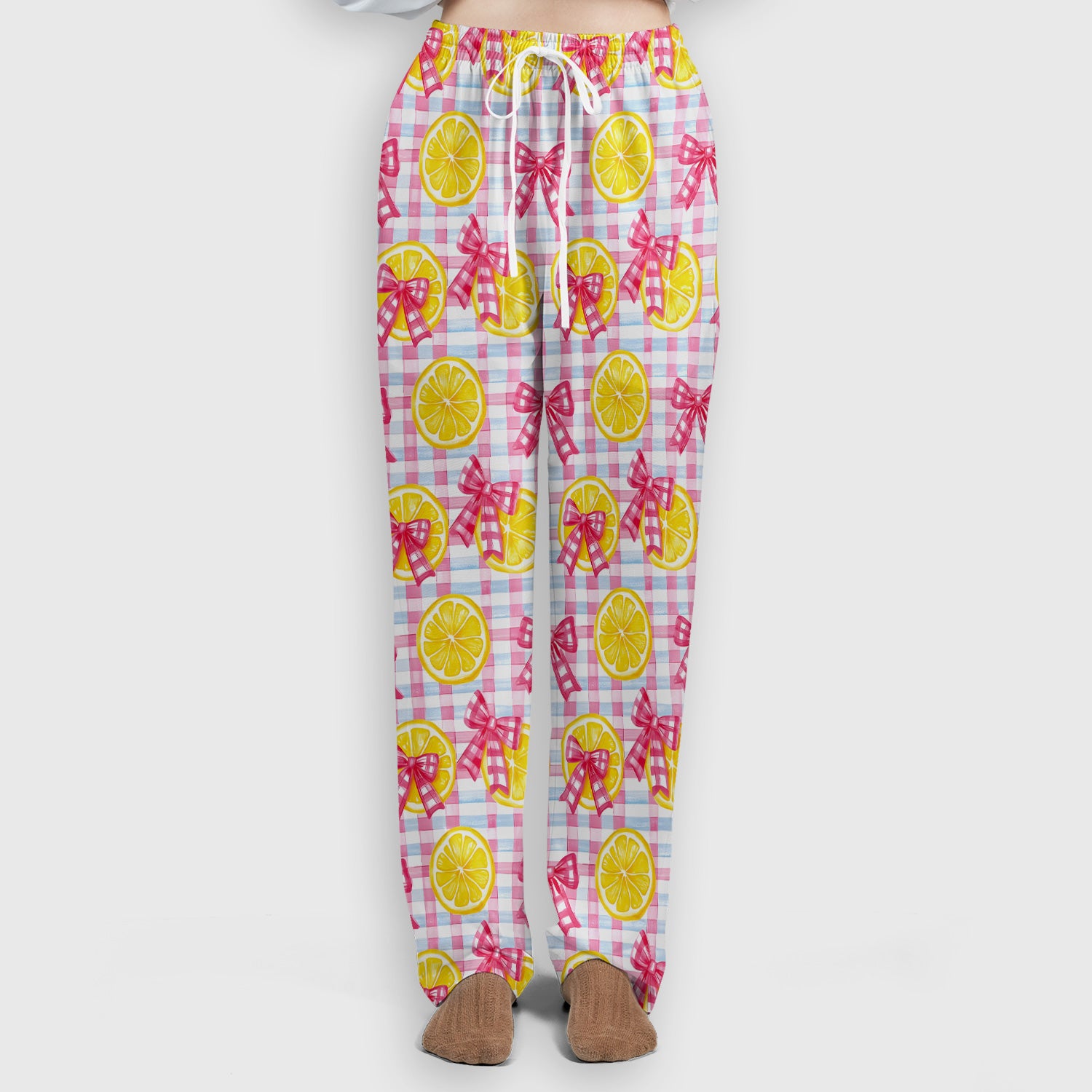 Cute Lemon Slice Pink Bow Gingham Pattern Scrub Set, Scrub Pants and V Neck Top