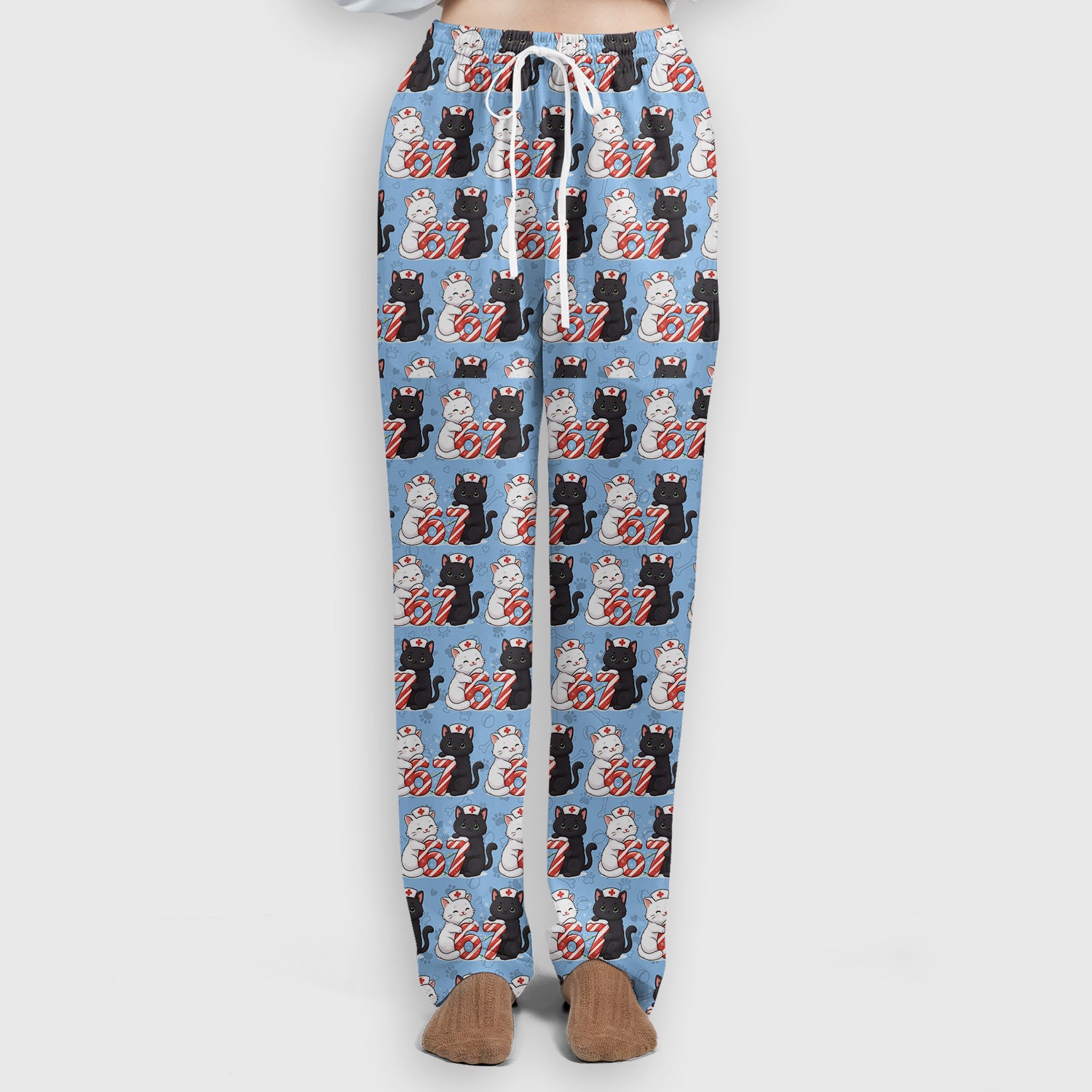Xmas Cat Pattern Scrub Set, Christmas Nurse Six Seven With Cat Scrub Shirt, Breathable Fabrics Nursing Uniform