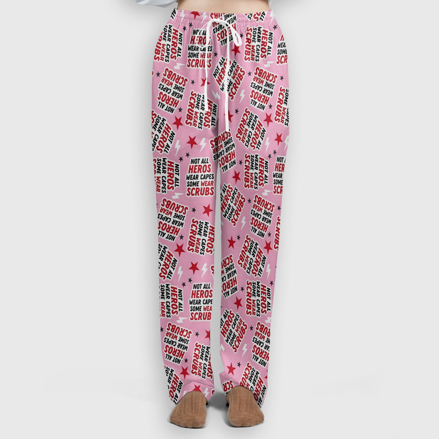 Not All Heroes Wear Scrubs Quote Stars Lightning Pattern Scrub Set, Scrub Pants and V Neck Top