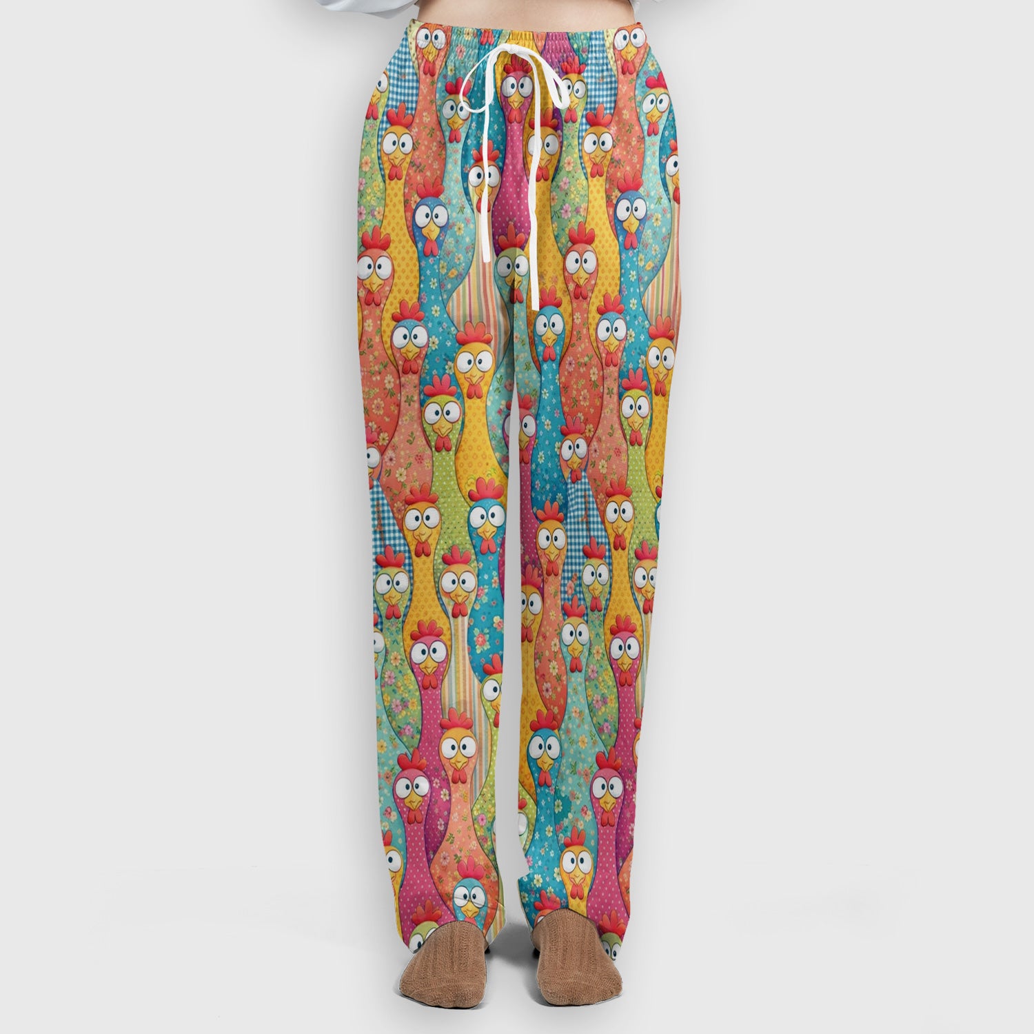 Funny Colorful Chicken Farm Cartoon Pattern Scrub Set, Scrub Pants and V Neck Top