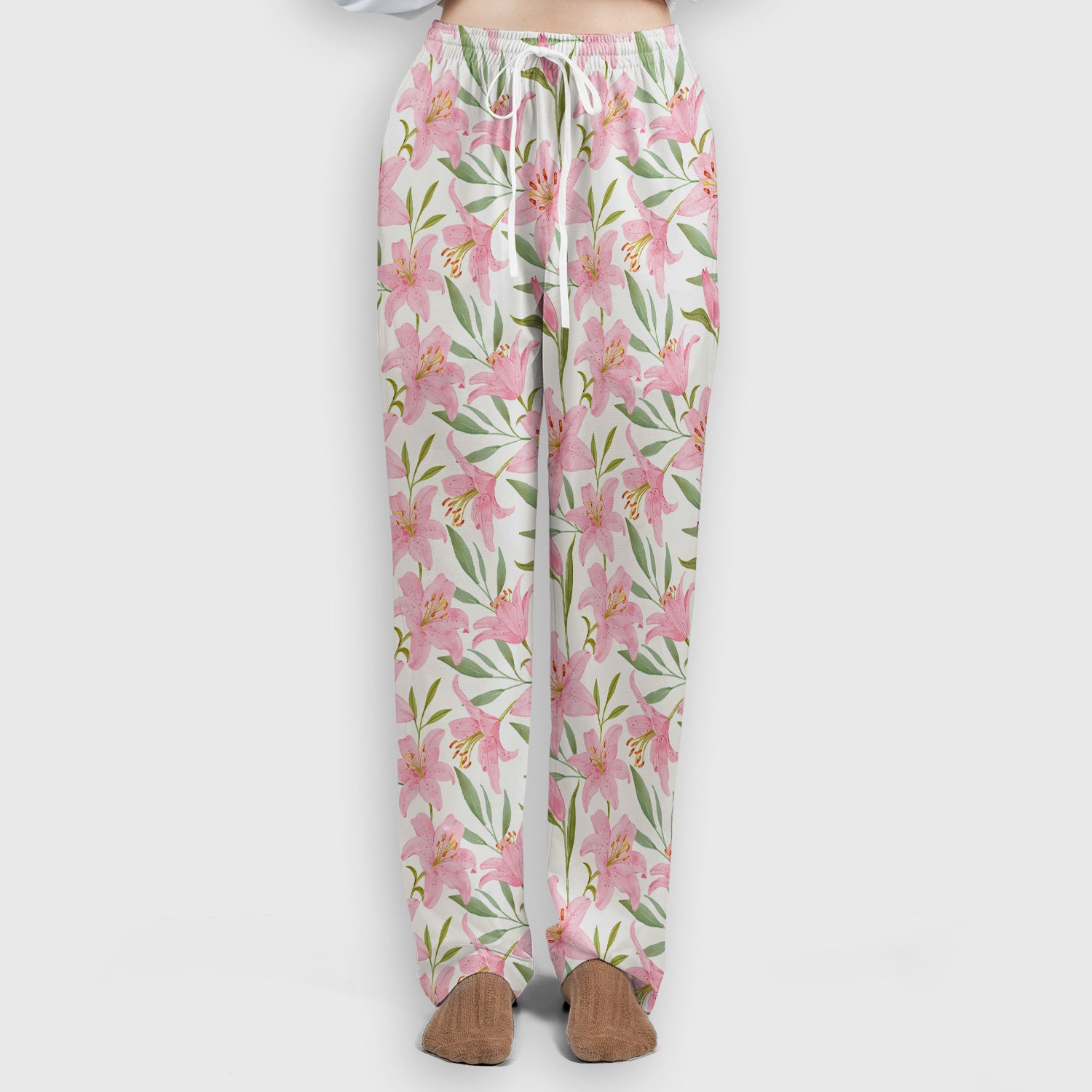 Cute Pink Lily Floral Nurse Pattern Scrub Set, Scrub Pants and V Neck Top