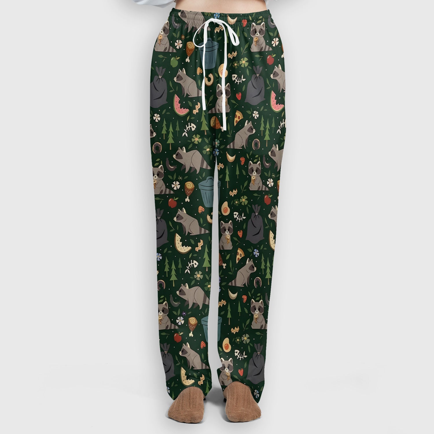 Cute Raccoon Forest Food Pattern Scrub Set, Scrub Pants and V Neck Top