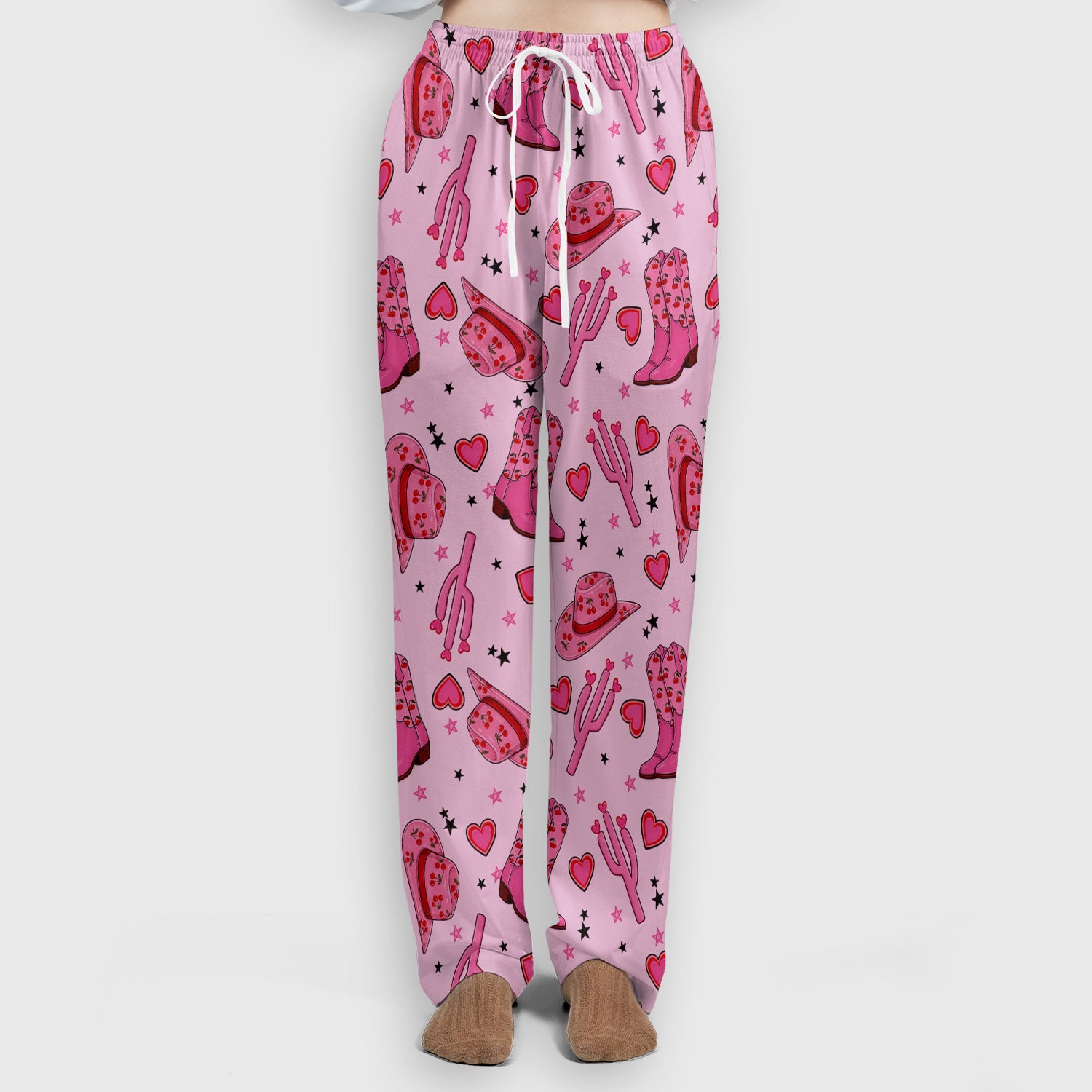 Pink Cowgirl Western Boots Hat Pattern Scrub Set, Scrub Pants and V Neck Top