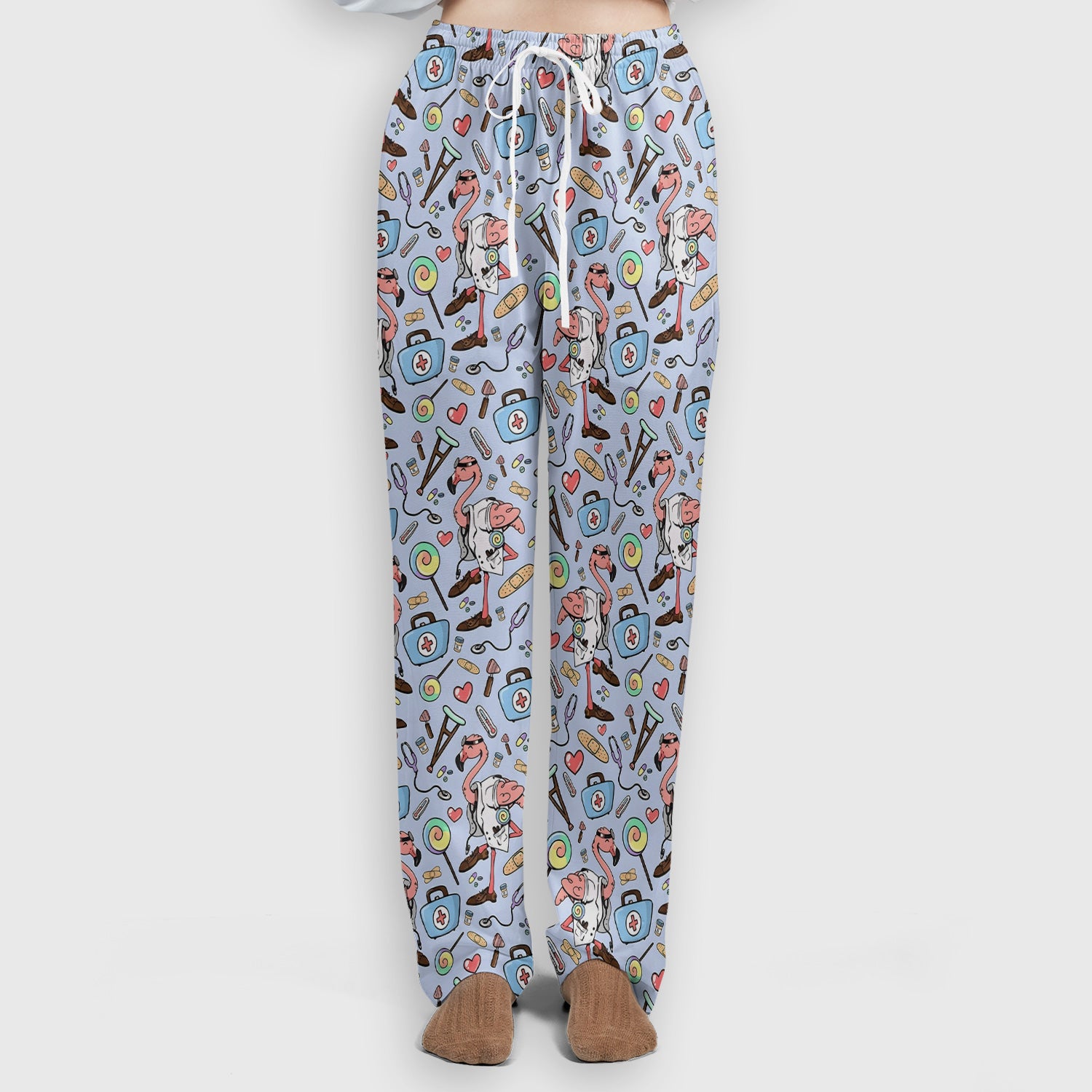 Flamingo Nurse Medical Care Pattern Scrub Set, Scrub Pants and V Neck Top