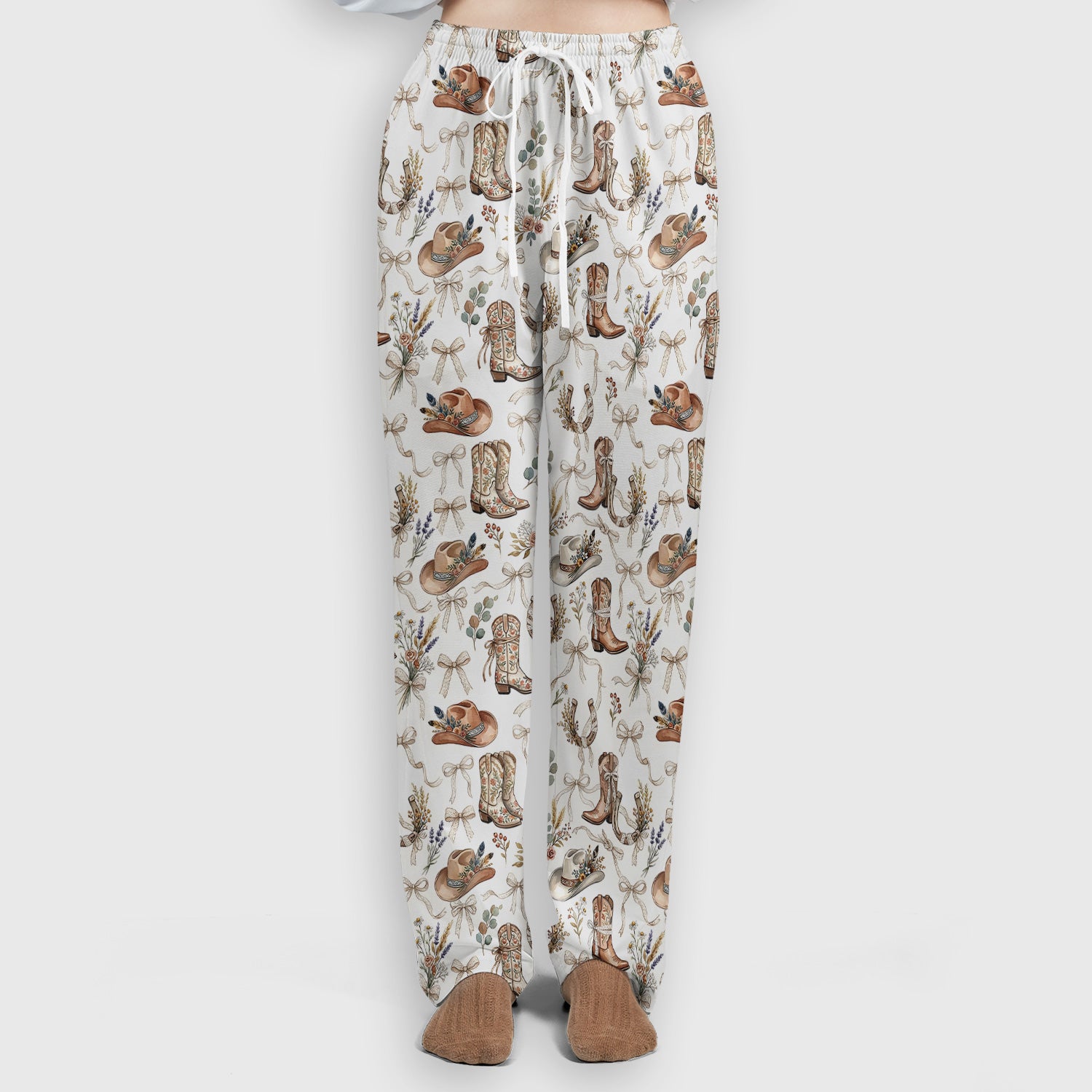 Western Cowboy Boots Hat Floral Pattern Scrub Set, Scrub Pants and V Neck Top