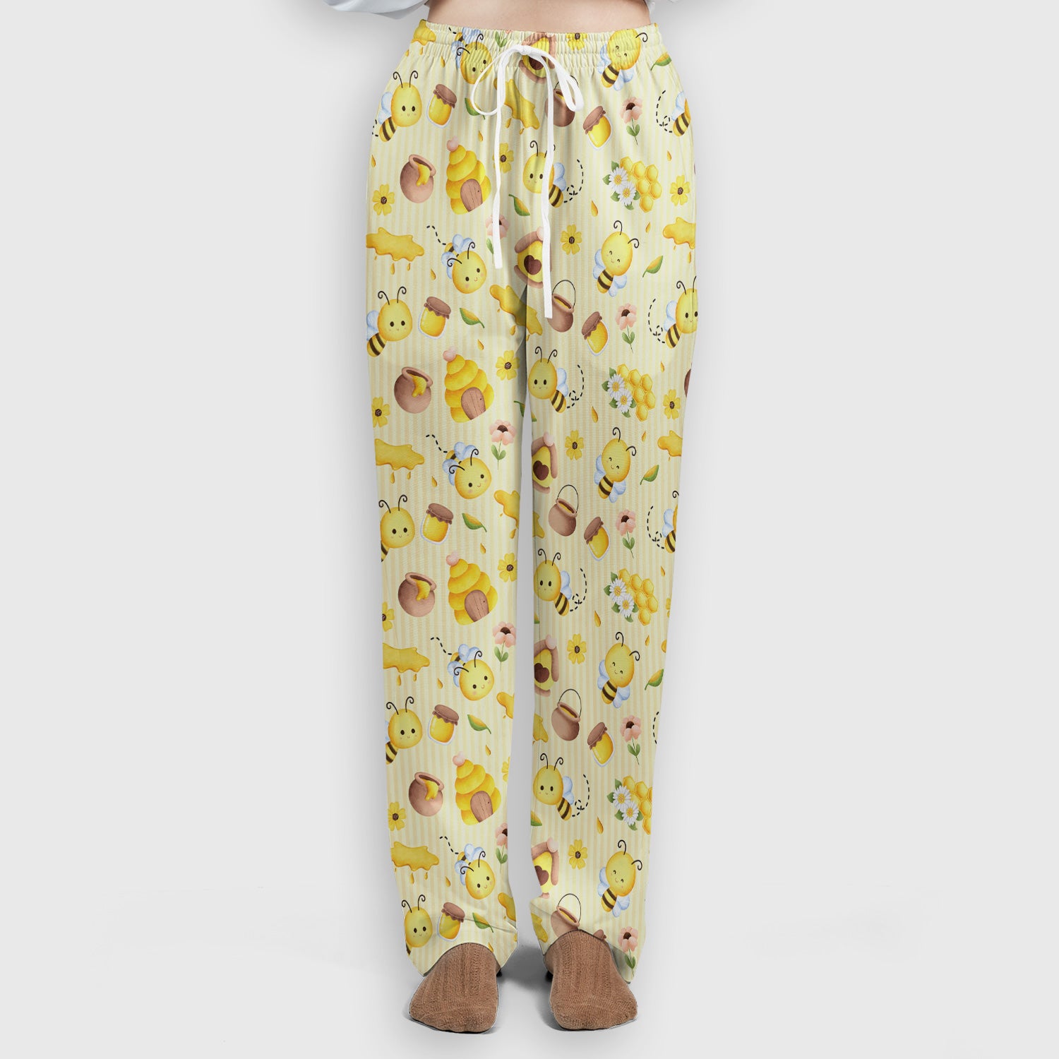 Cute Bee Honey Flower Stripe Pattern Scrub Set, Scrub Pants and V Neck Top