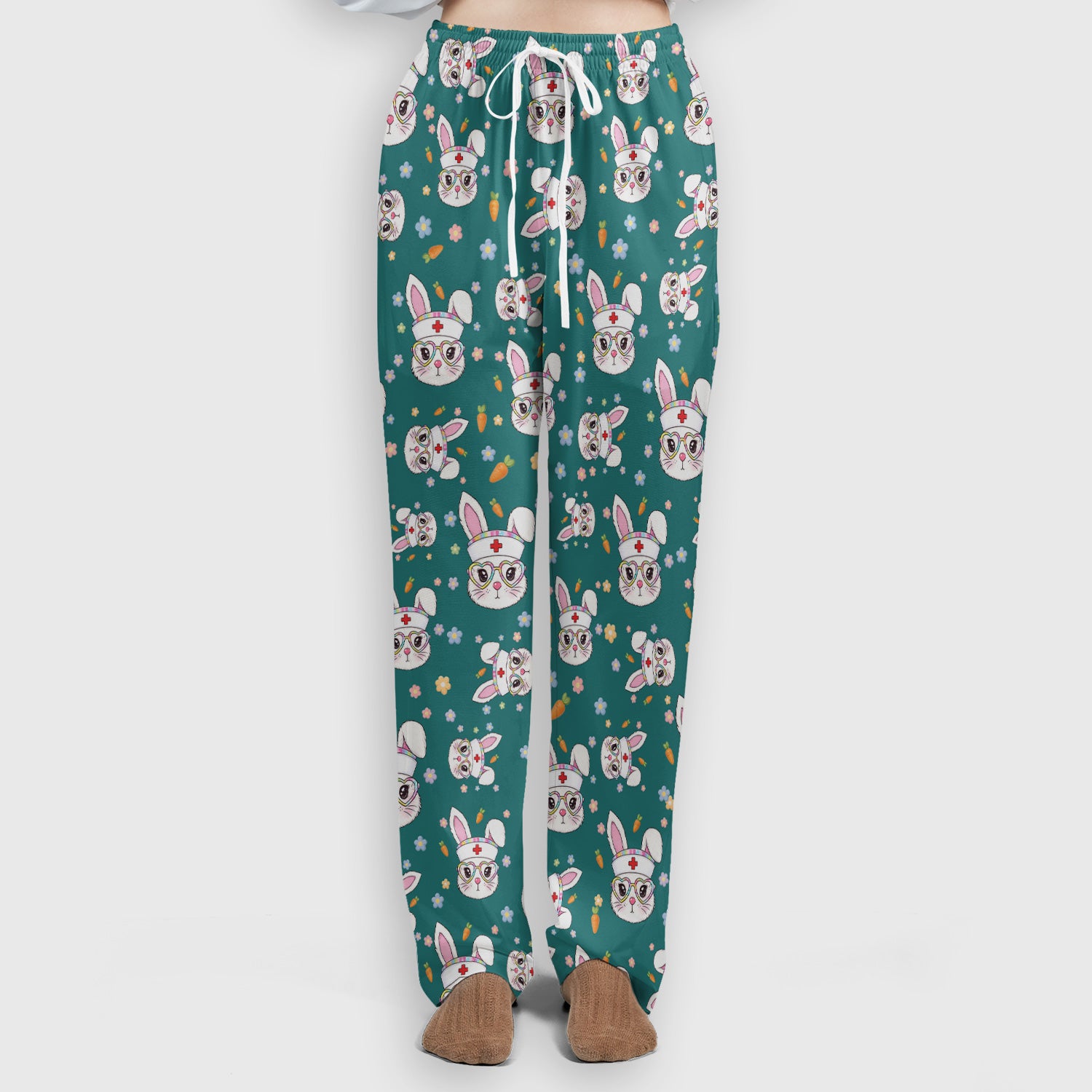 Cute Easter Bunny Nurse Pattern Scrub Set, Scrub Pants and V Neck Top