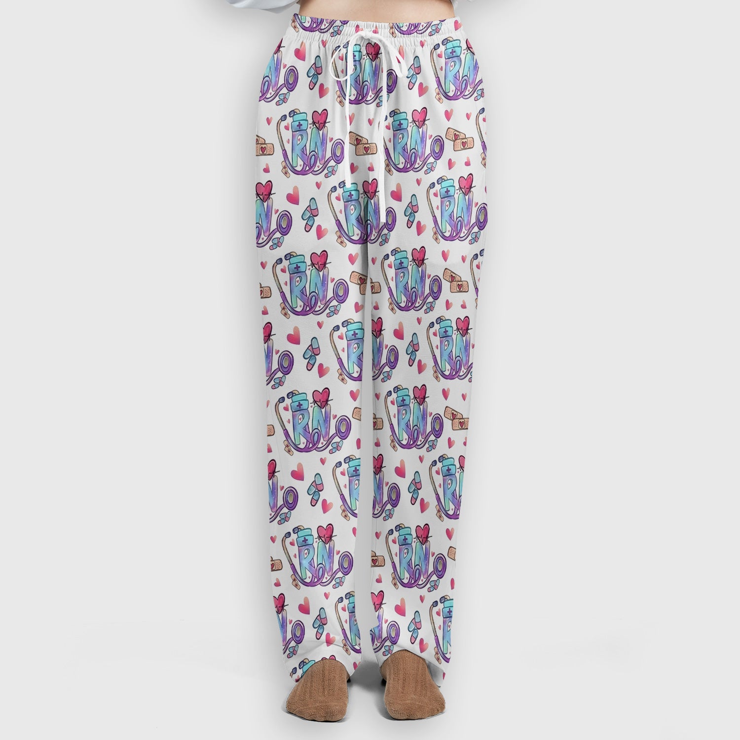 Nurse Life RN Heart Pattern Scrub Set, Scrub Pants and V Neck Top