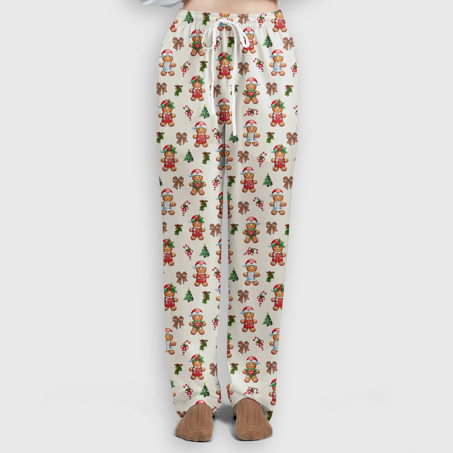 Funny Gingerbread Christmas Scrub Set - Cute Cookie with Bow Scrubs Pants and V Neck Top - Festive Holiday Gift for Women