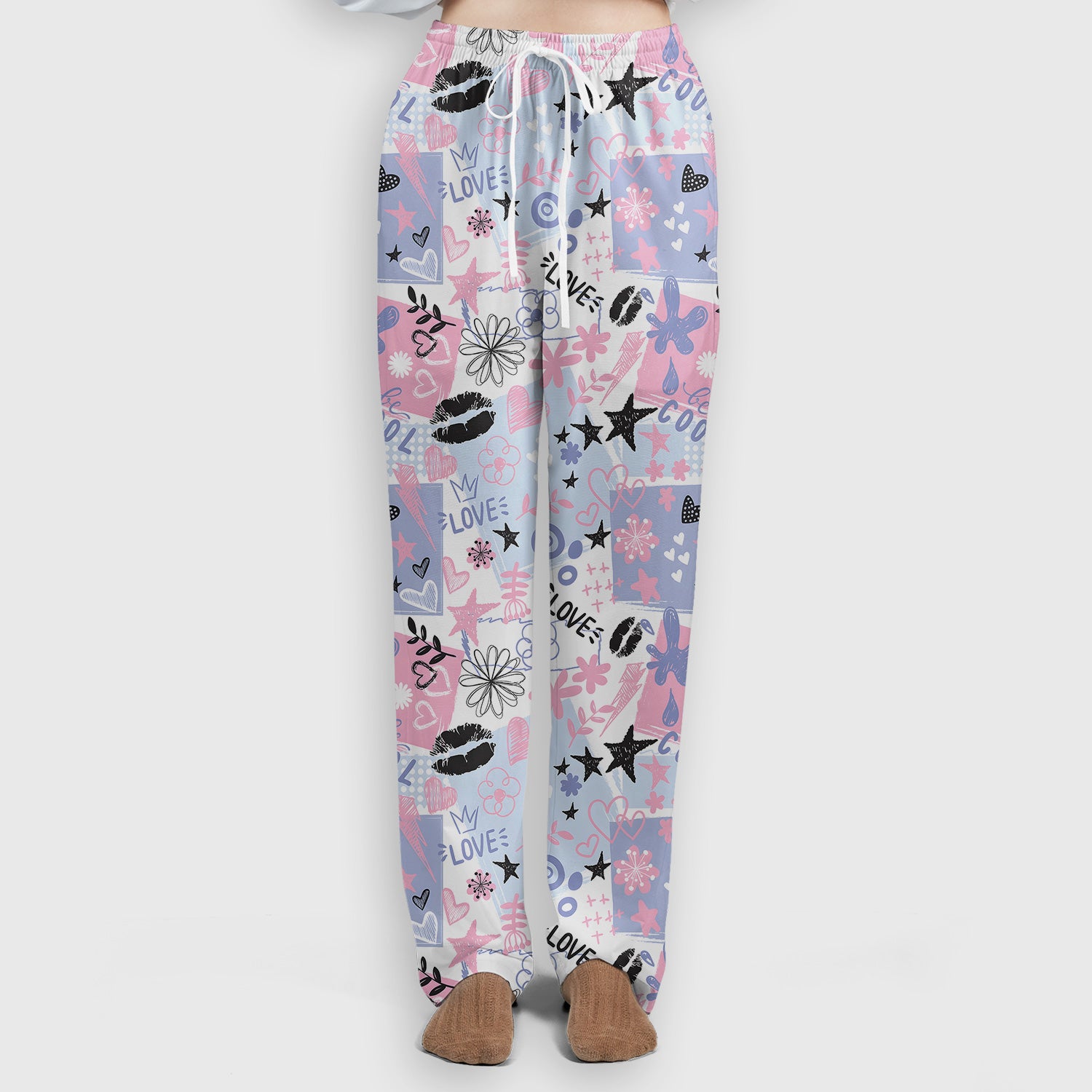 Cute Love Hearts Doodle Print Scrub Set, Scrub Pants and V Neck Top