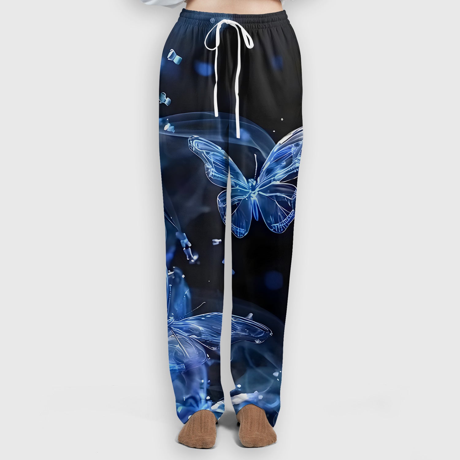 Glowing Blue Butterfly Garden Pattern Scrub Set, Scrub Pants and V Neck Top