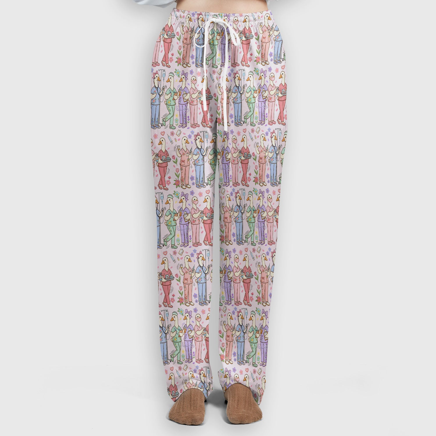 Goose Characters Floral Medical Team Uniform Pattern Scrub Set, Breathable Med Uniform