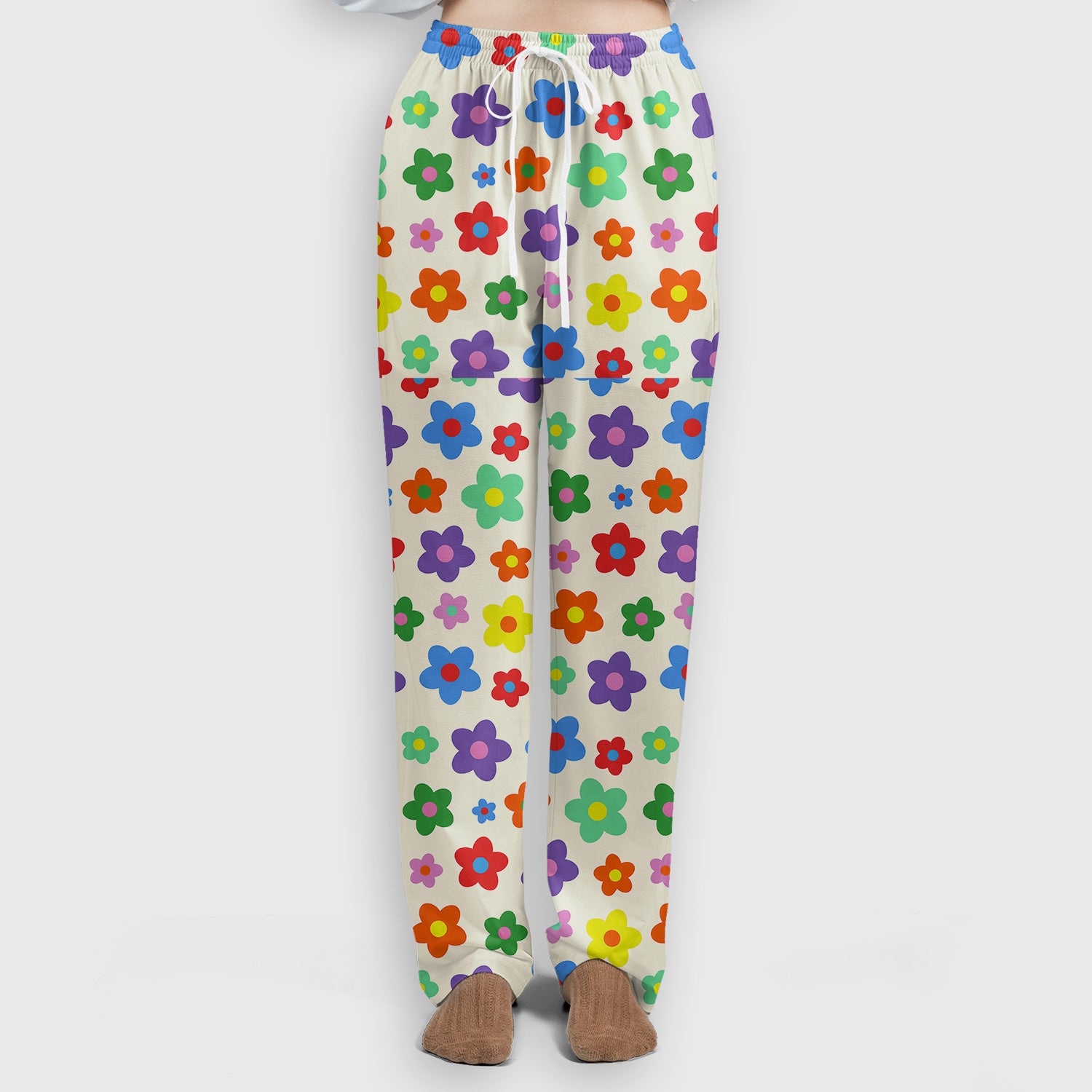 Colorful Retro Flower Pattern Print Scrub Set, Scrub Pants and V Neck Top