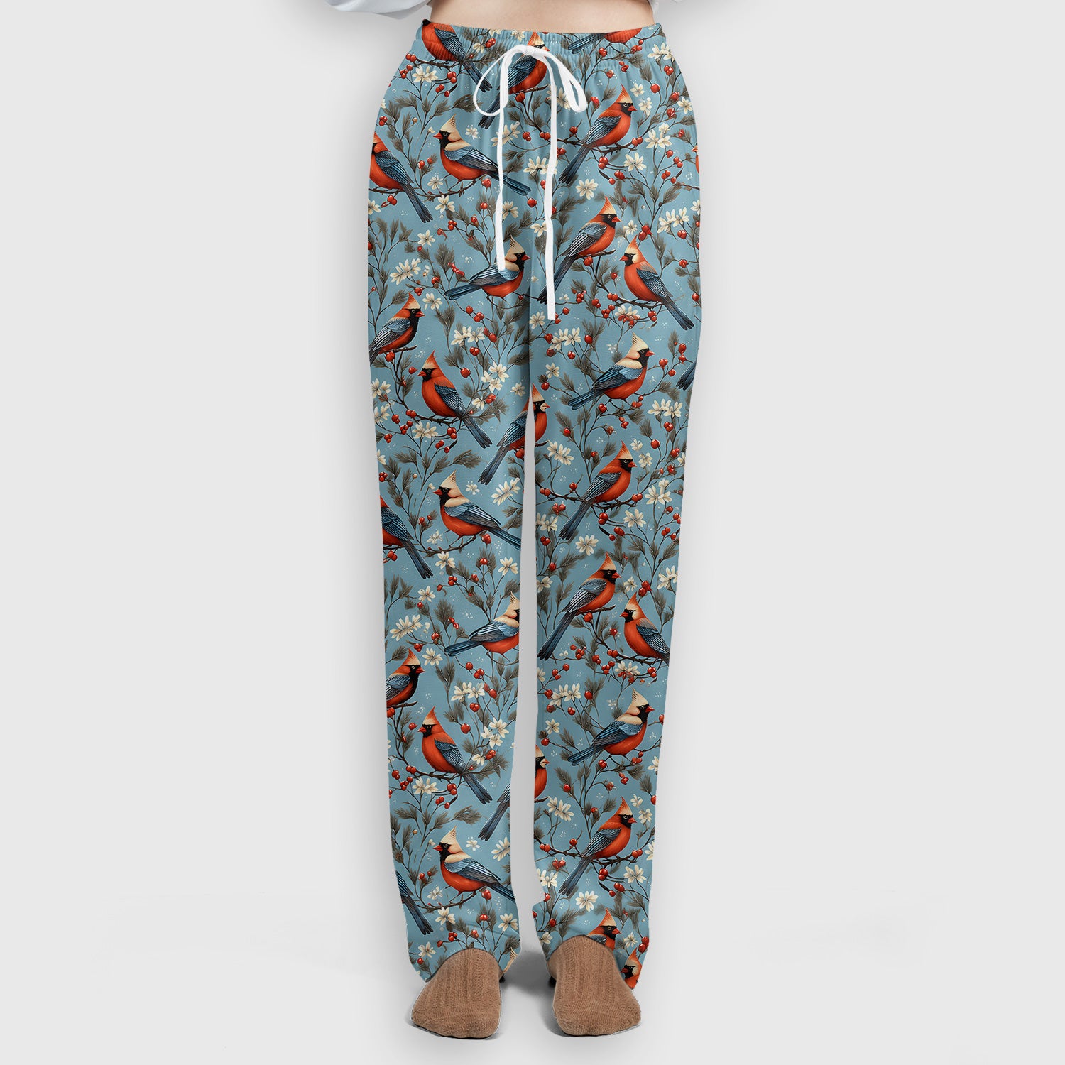 Cute Cardinal Berry Blossom Pattern Scrub Set, Scrub Pants and V Neck Top