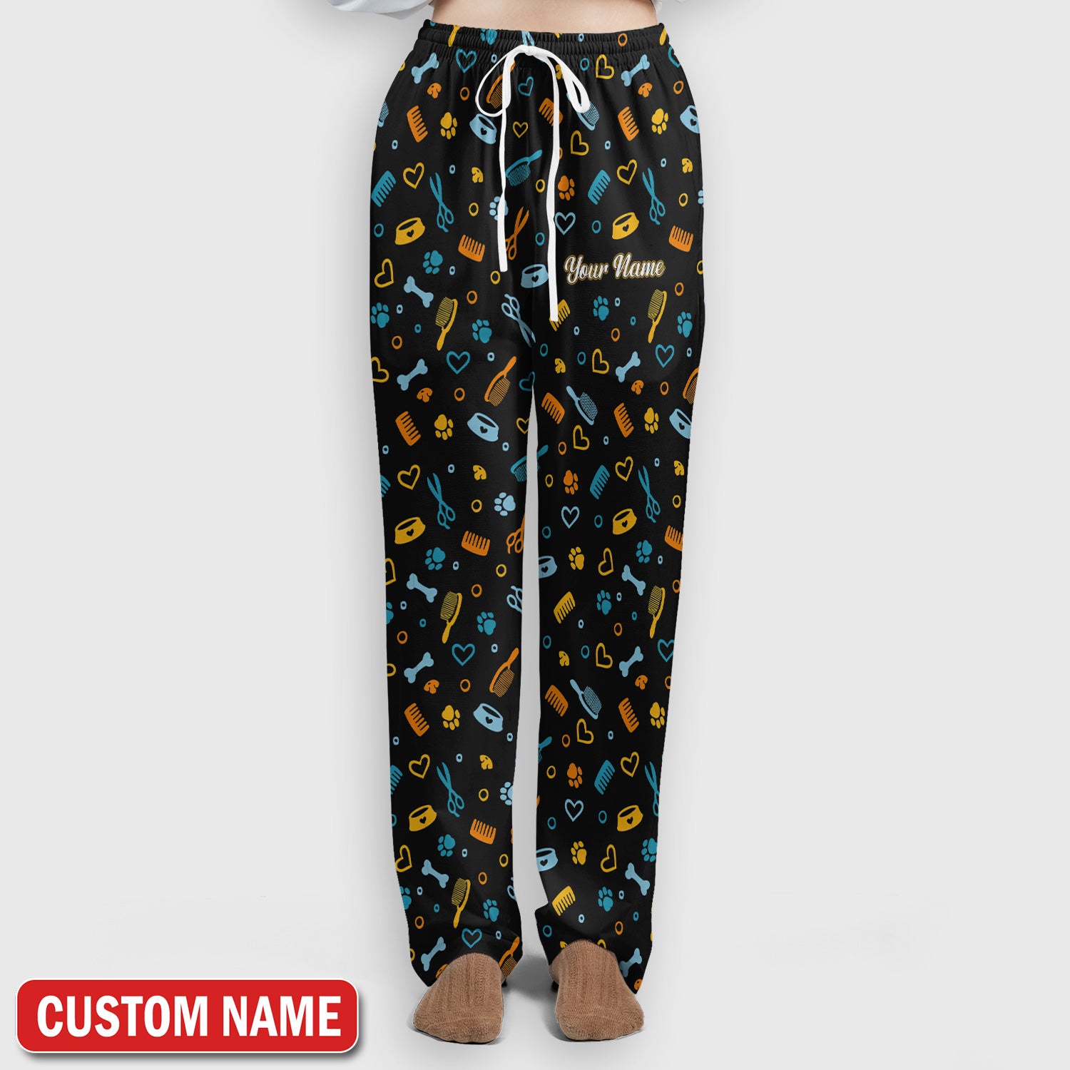 Custom Name Dog Cat Grooming Pattern Scrub Set, Scrub Pants and V Neck Top