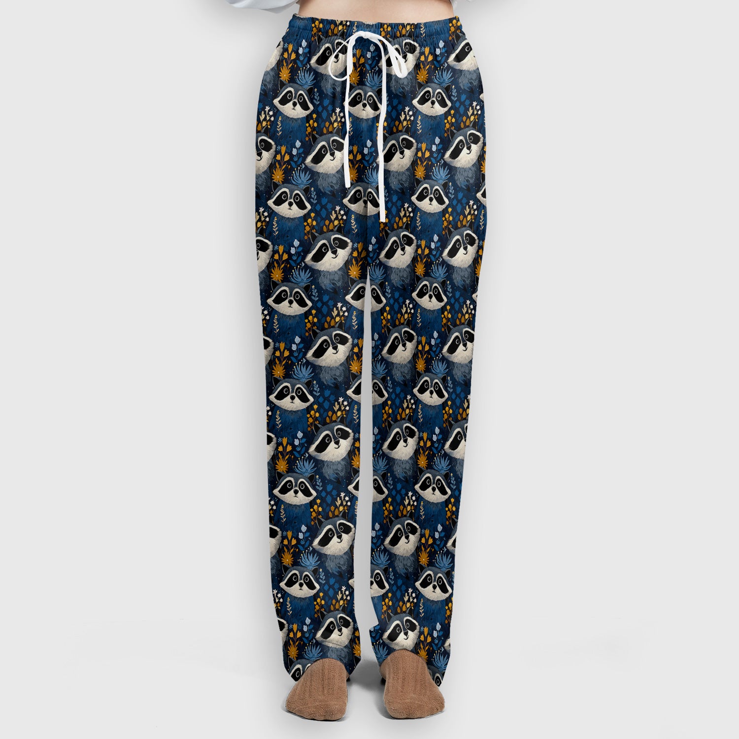 Raccoon With Blue Floral Forest Pattern Scrub Set, Scrub Pants and V Neck Top