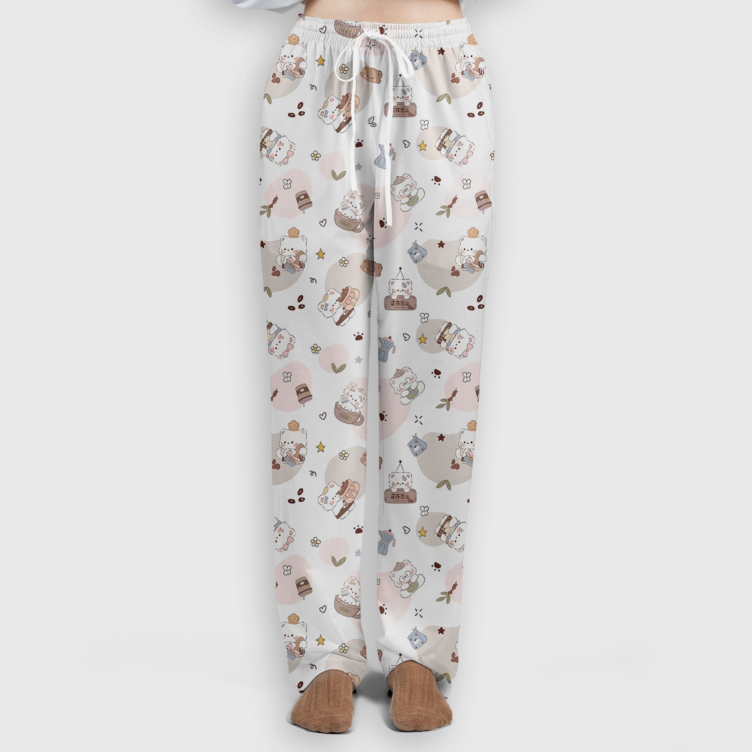 Cute Cat With Coffee Paw Heart Pattern Scrub Set, Scrub Pants and V Neck Top