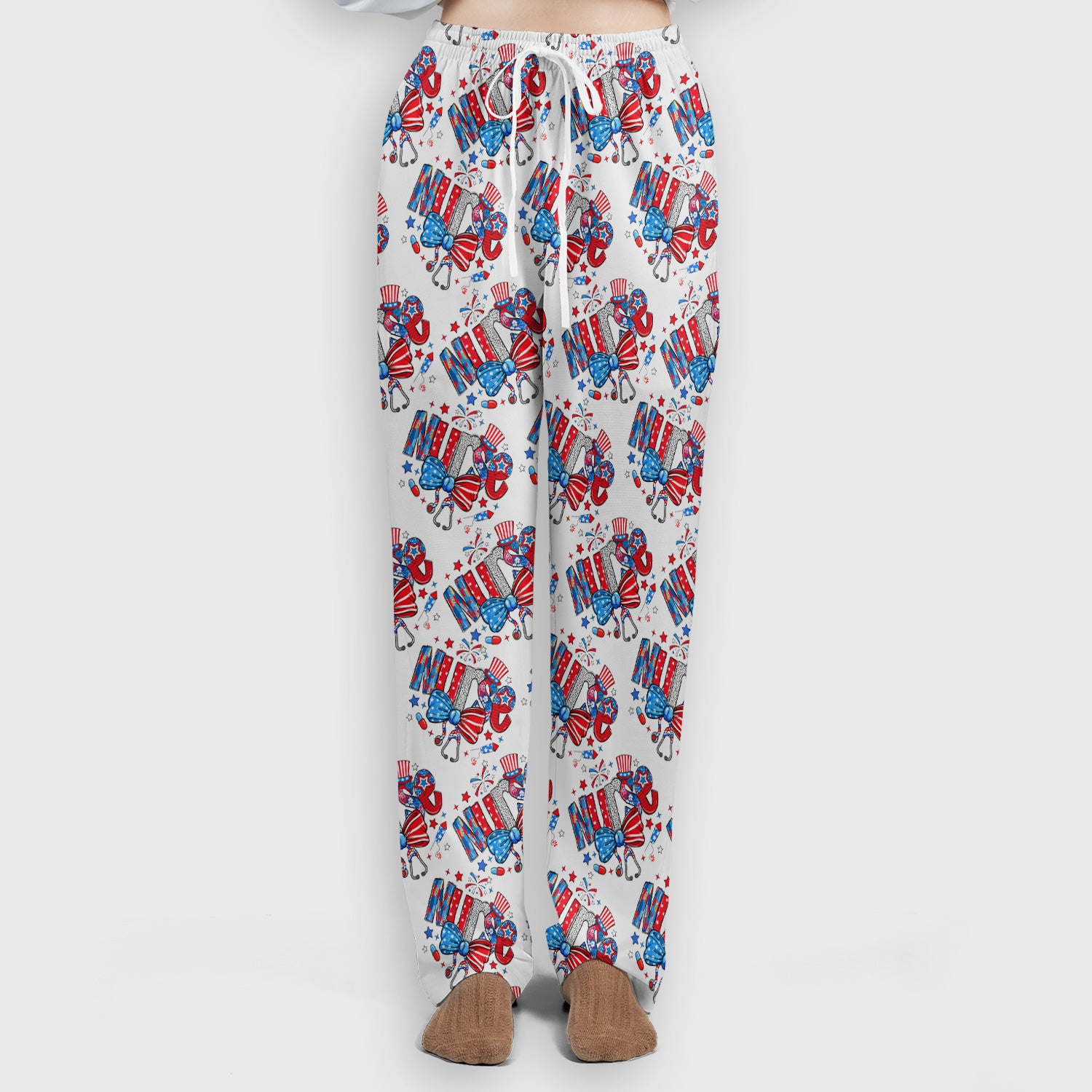 USA Nurse Stethoscope Patriotic Bow Hat Pattern Scrub Sets, Scrub Pants and V Neck Top