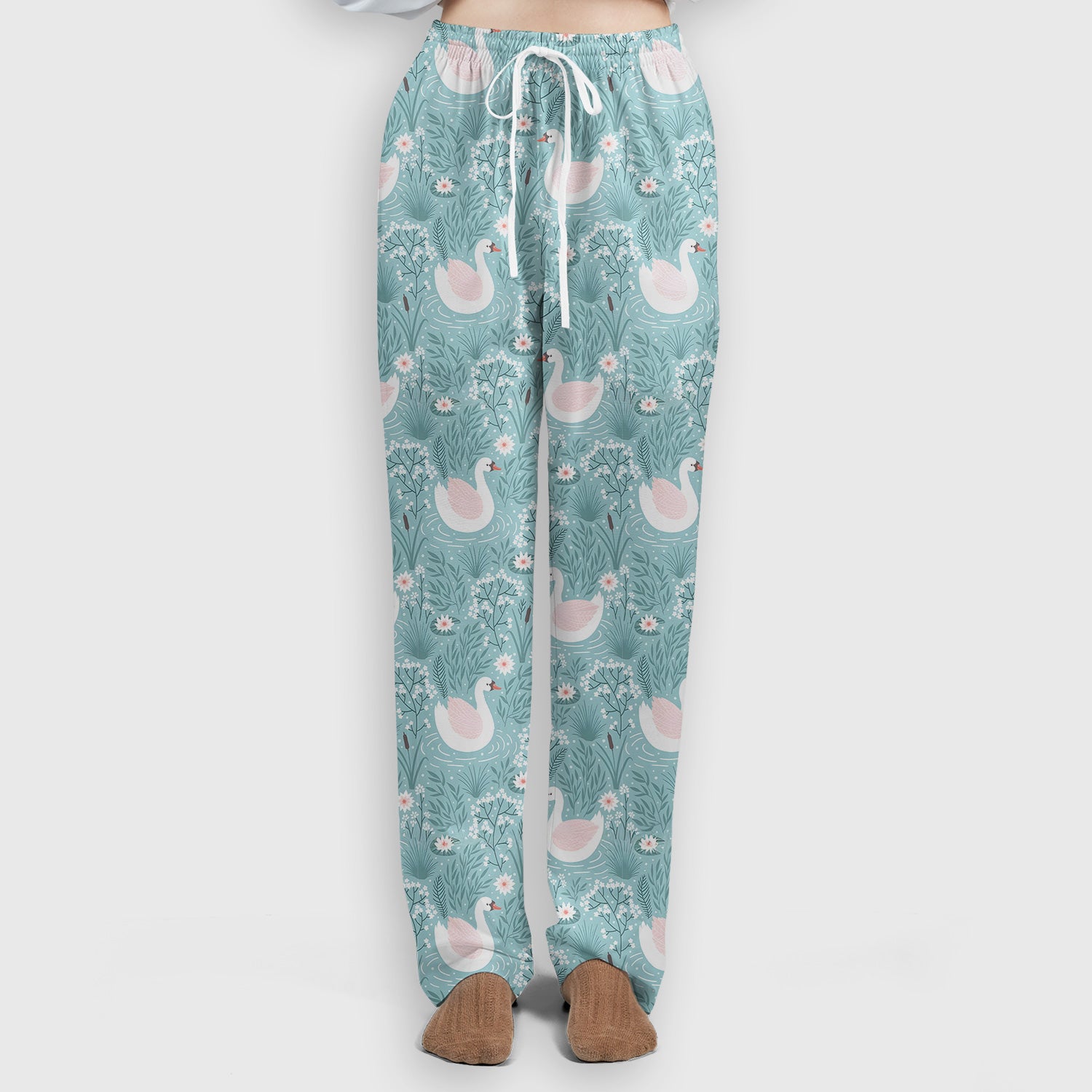 Sweet Swan Waterlily Garden Pattern Scrub Set, Scrub Pants and V Neck Top