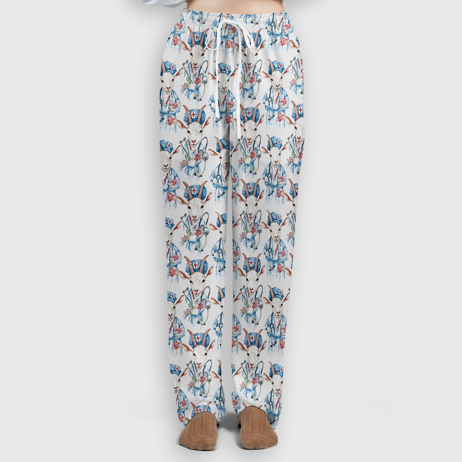 Cute Goat Animal Lover Pattern Scrub Set, Scrub Pants and V Neck Top