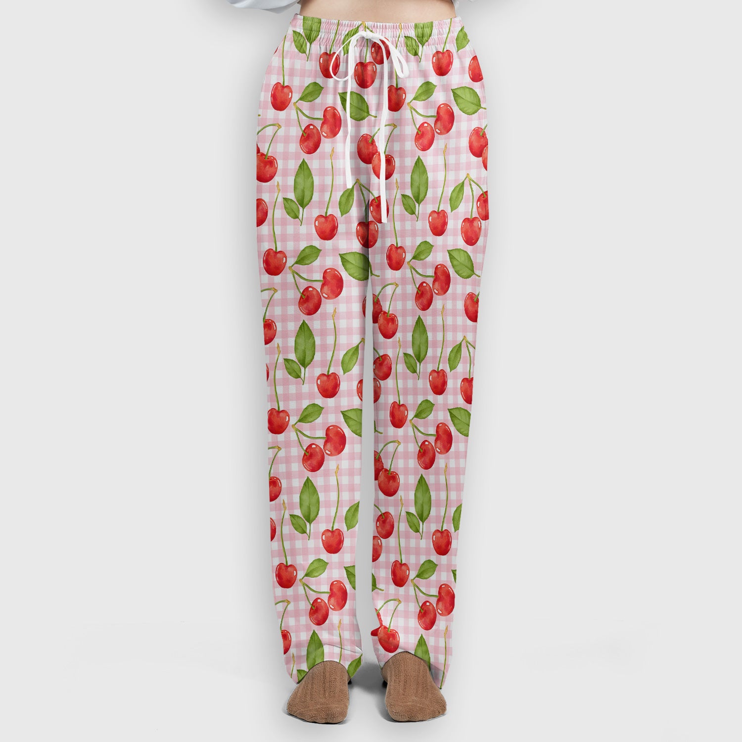 Sweet Red Cherry Gingham Pattern Scrub Set, Scrub Pants and V Neck Top