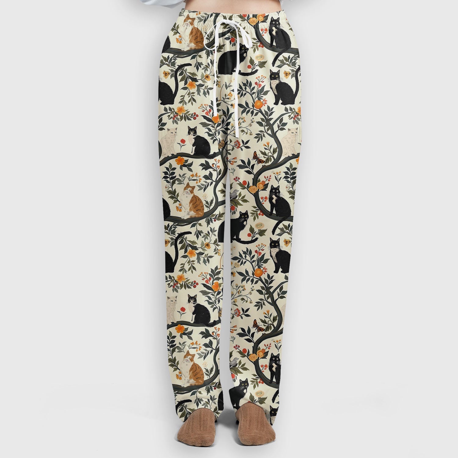 Vintage Black Cat Floral Pattern Scrub Set, Scrub Pants and V Neck Top