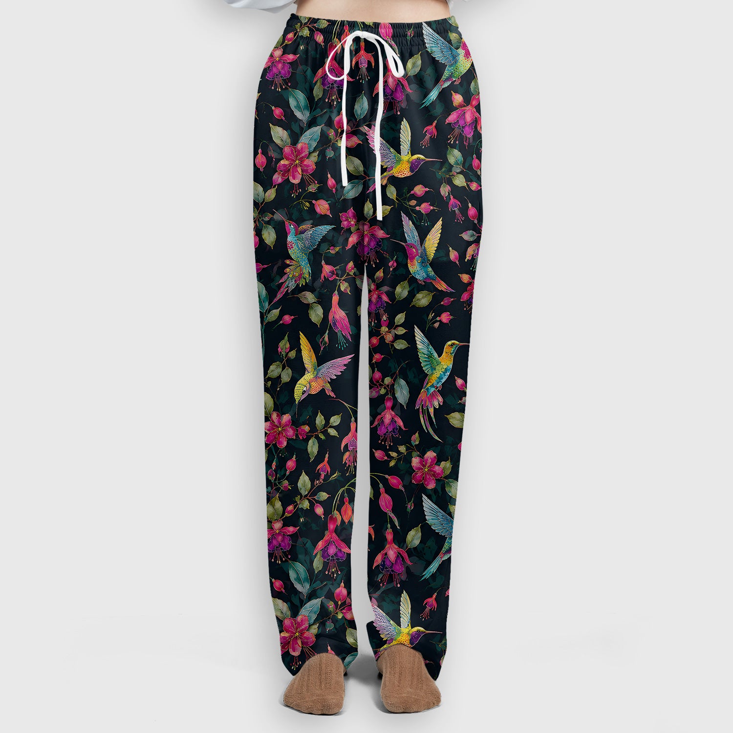 Hummingbird Fuchsia Bloom Pattern Scrub Set, Scrub Pants and V Neck Top