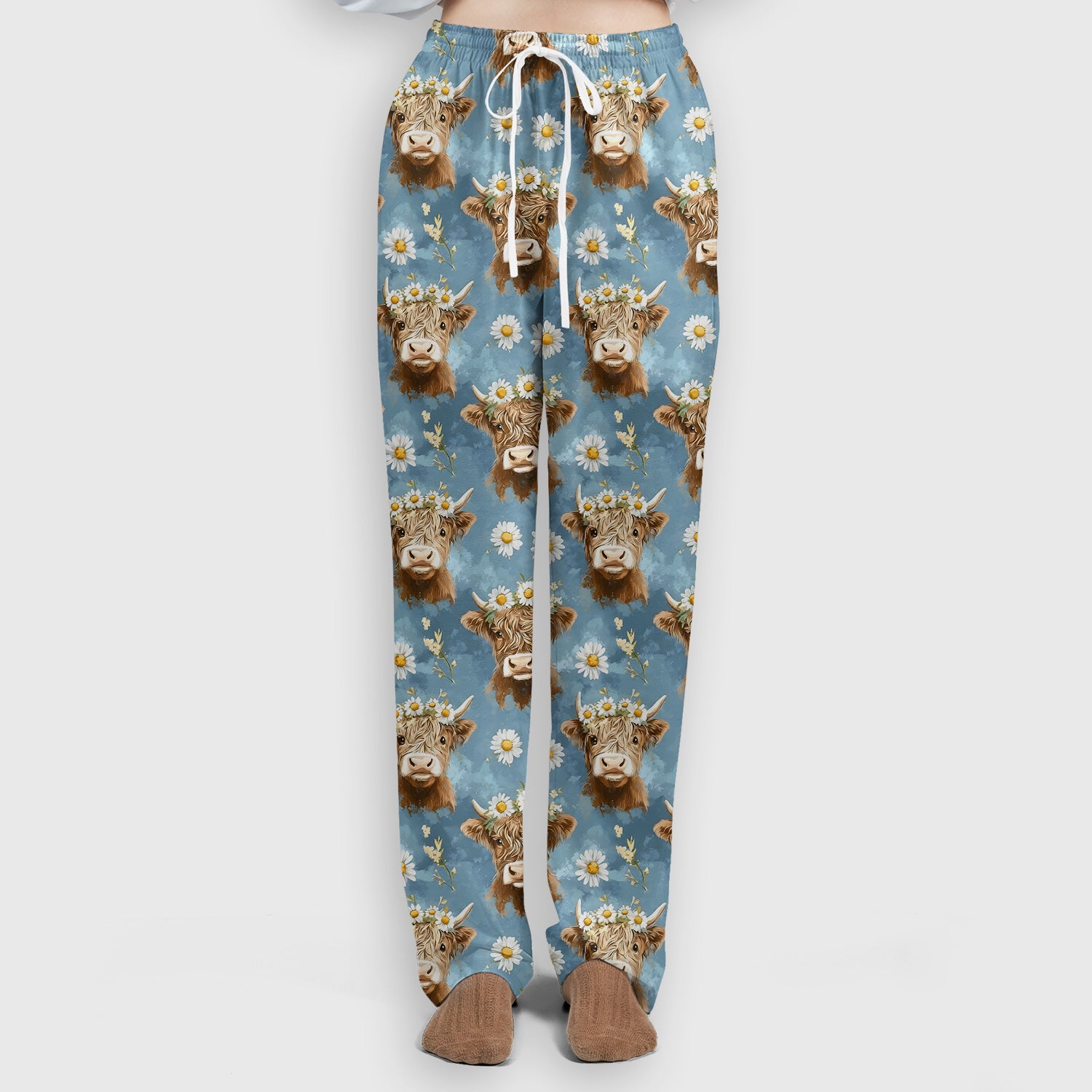 Highland Cow Daisy Flower Pattern Scrub Set, Scrub Pants and V Neck Top