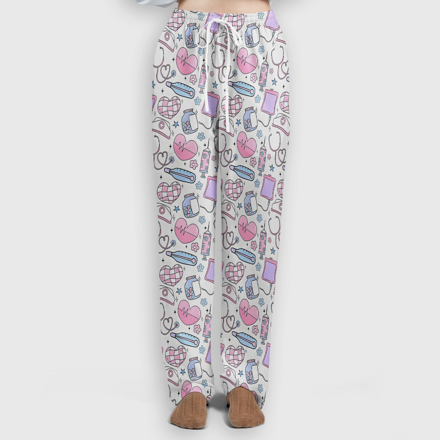 Cute Pastel Medical Icons Pattern Scrub Set, Scrub Pants and V Neck Top