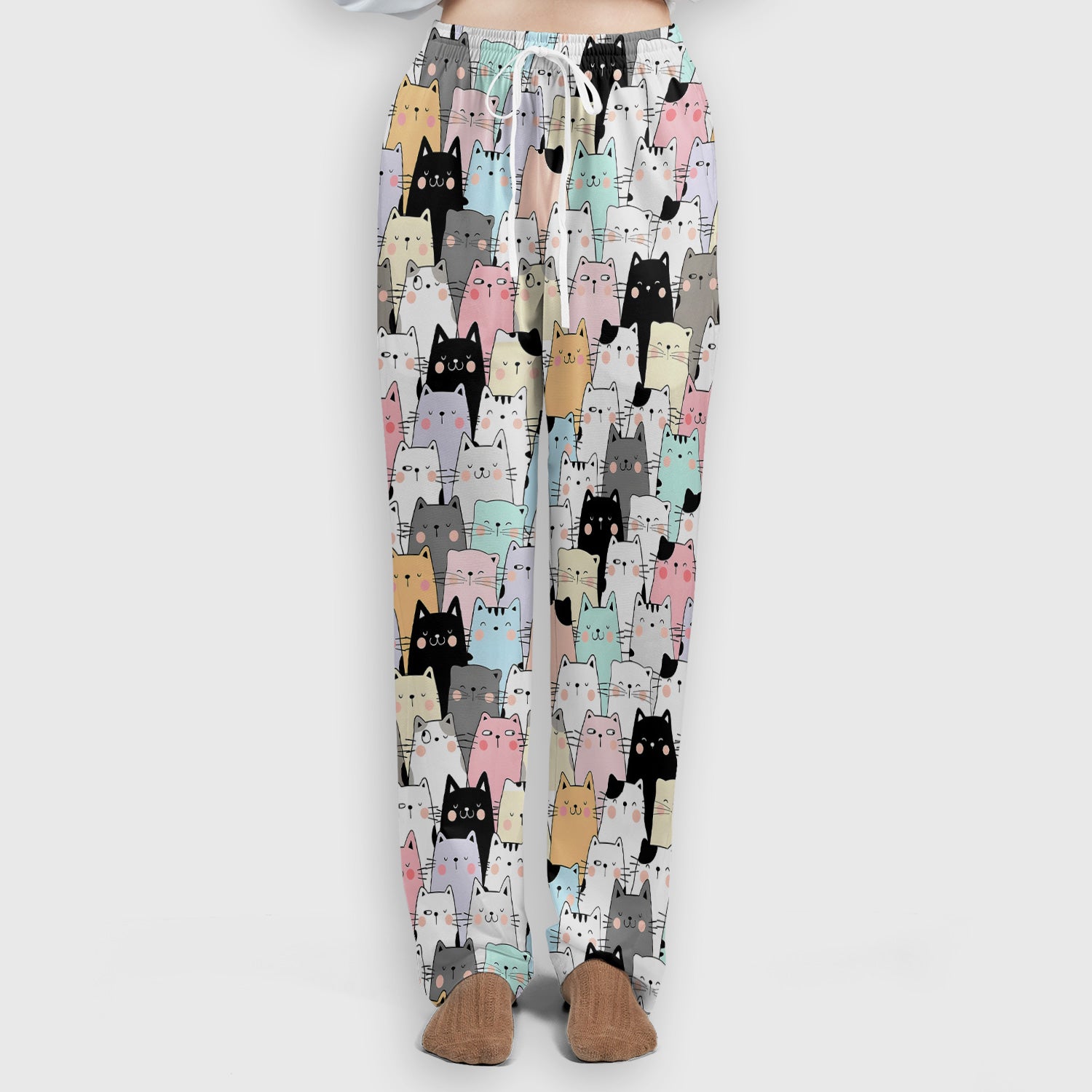 Playful Cartoon Cat Crowd Pattern Scrub Set, Scrub Pants and V Neck Top