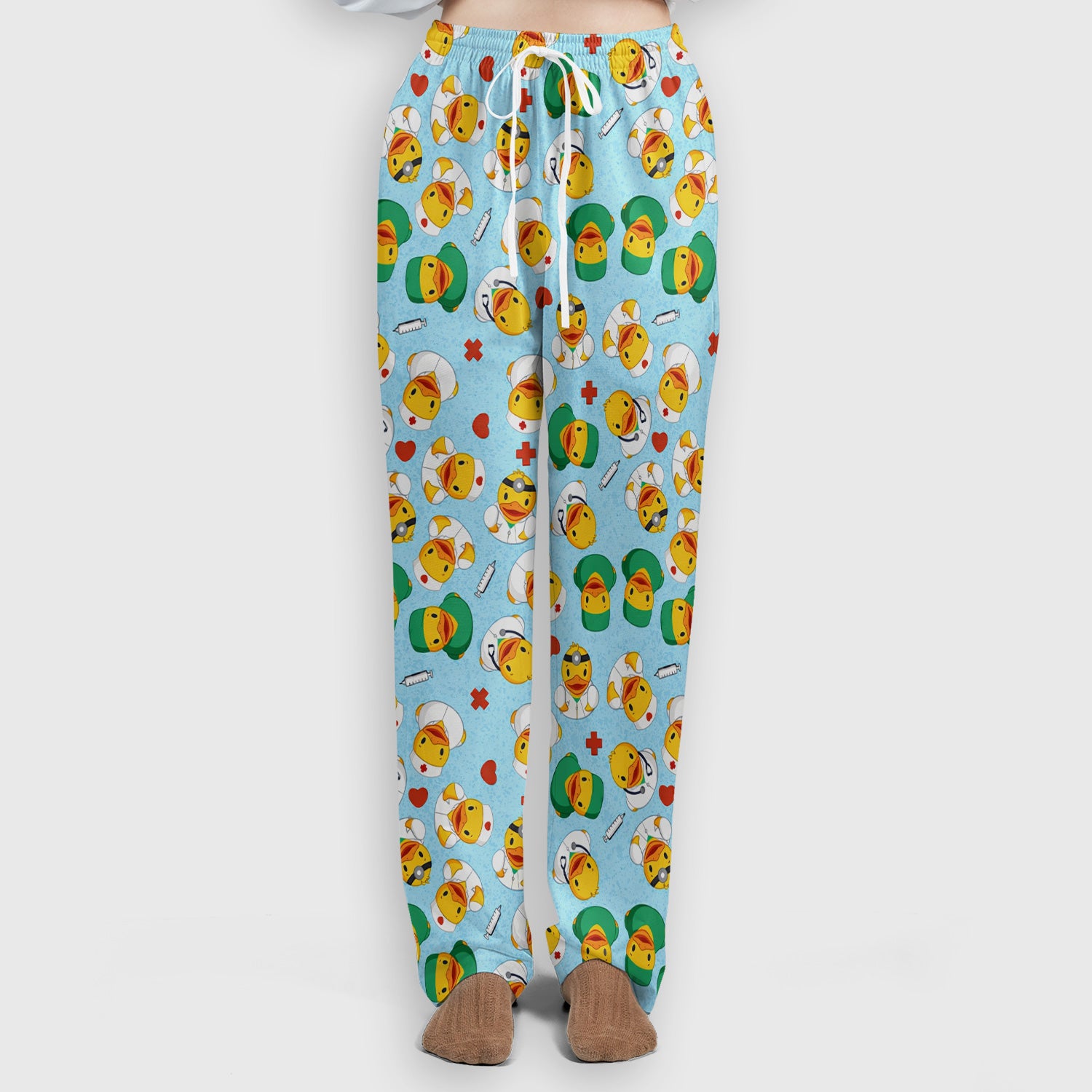 Duck Doctor Cartoon Pattern Scrub Set, Scrub Pants and V Neck Top
