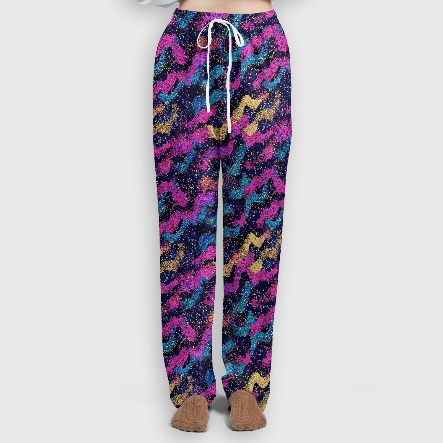 Neon Glitter Galaxy Wavy Pattern Scrub Set, Scrub Pants and V Neck Top