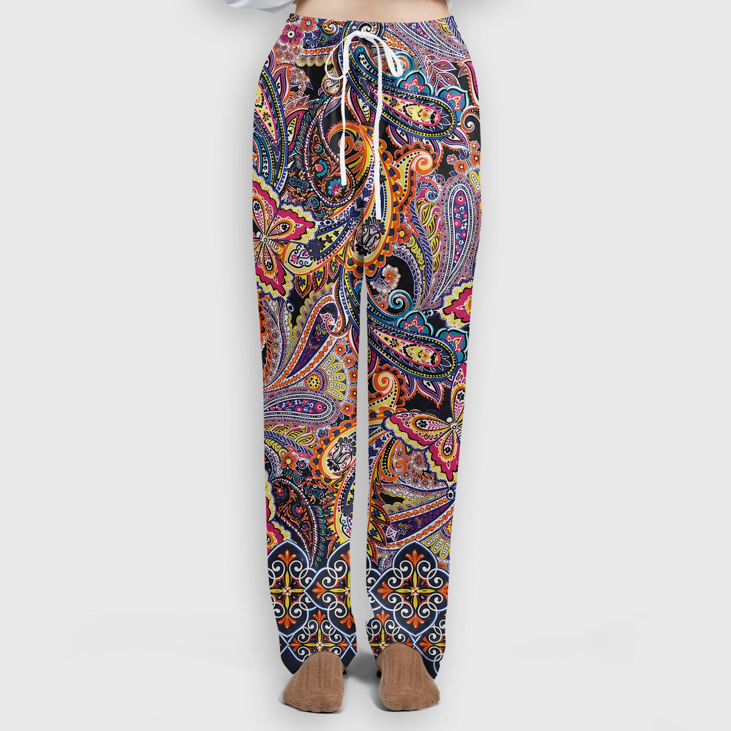 Colorful Bohemian Paisley Floral Pattern Scrub Set, Scrub Pants and V Neck Top