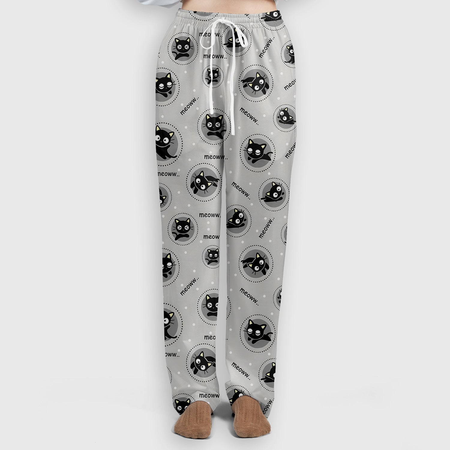 Funny Black Cat Meow Pattern Scrub Set, Scrub Pants and V Neck Top