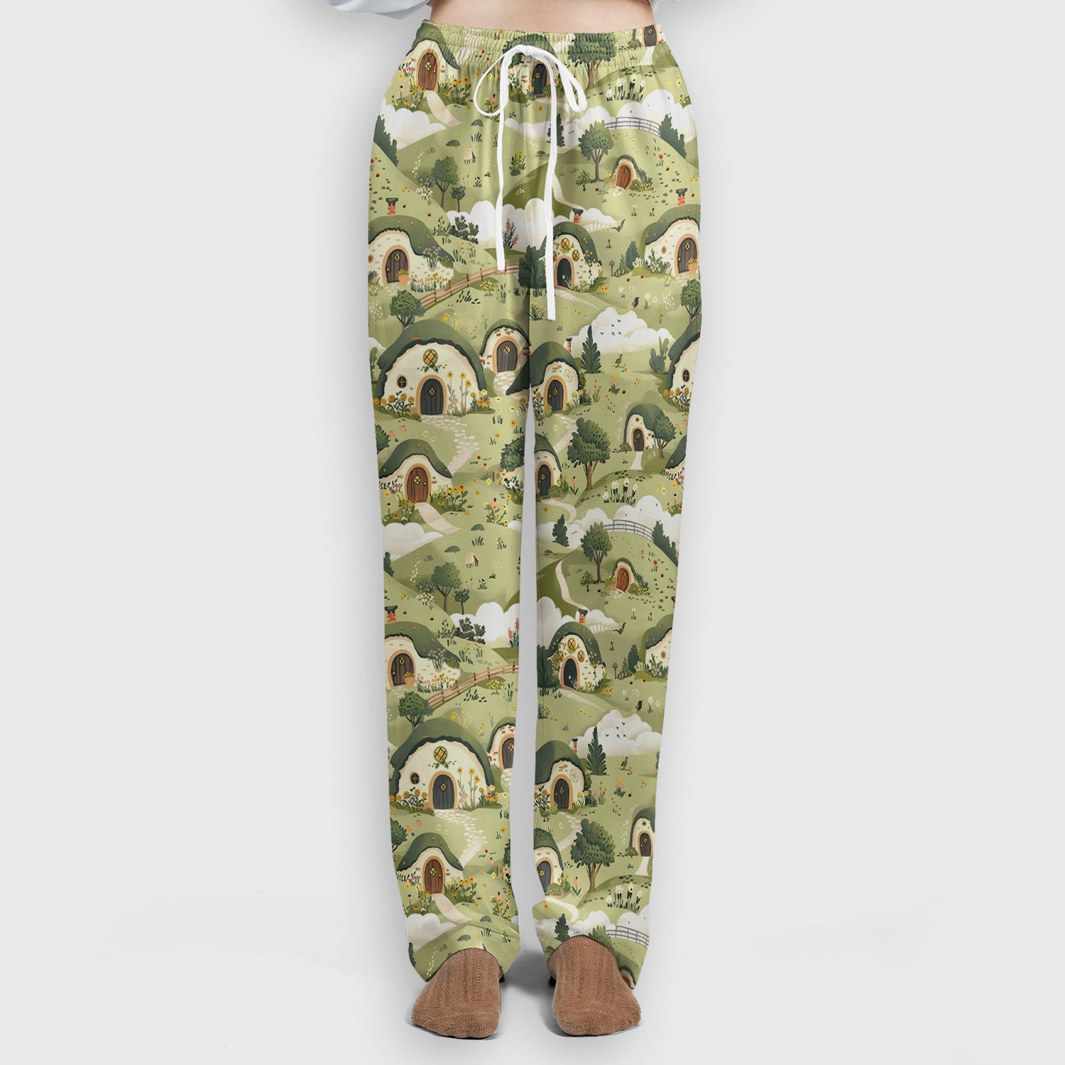 Cozy Hobbit Village Landscape Pattern Scrub Set, Scrub Pants and V Neck Top