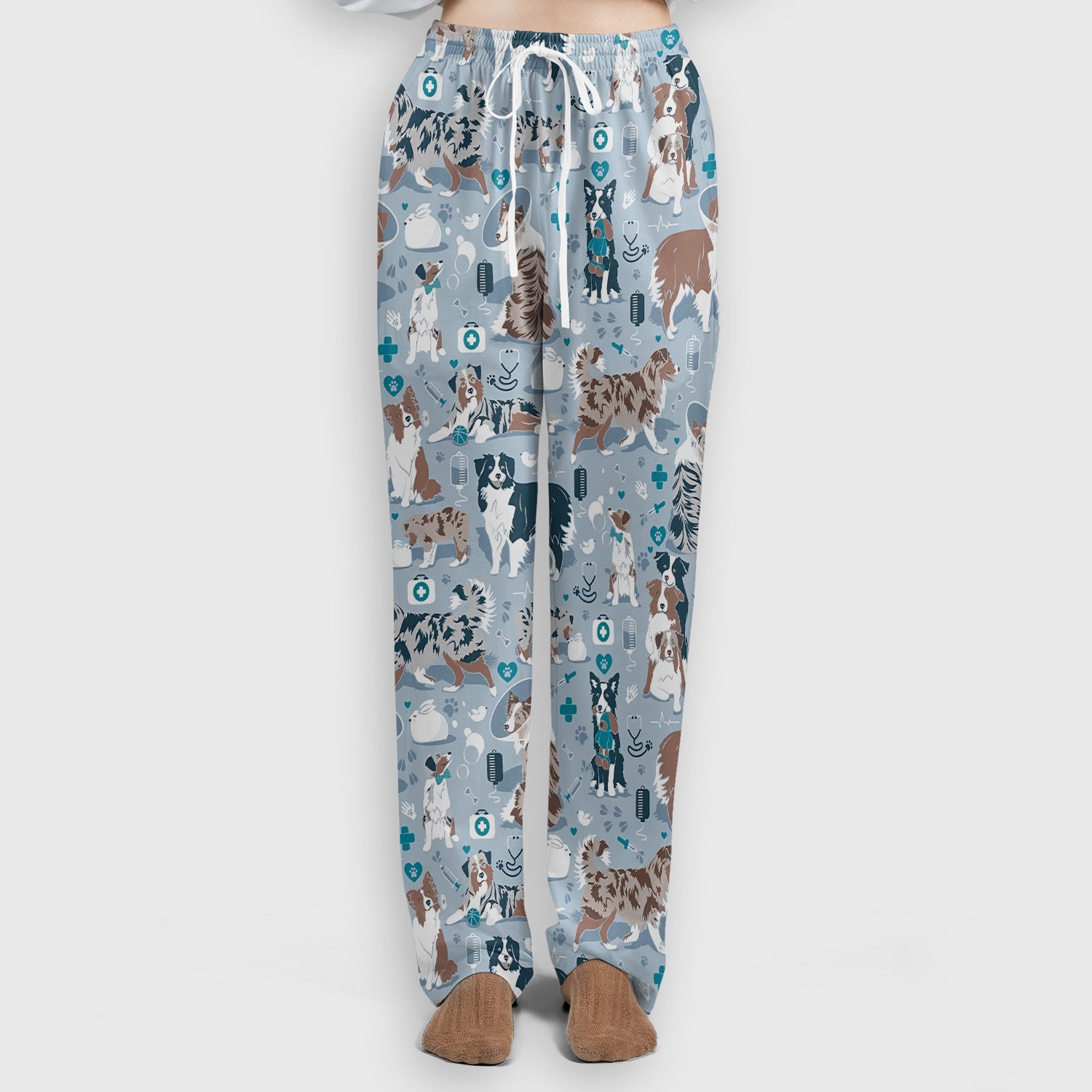 Cute Dog Pattern Women's Veterinary Scrub Set, Scrub Pants and V Neck Top