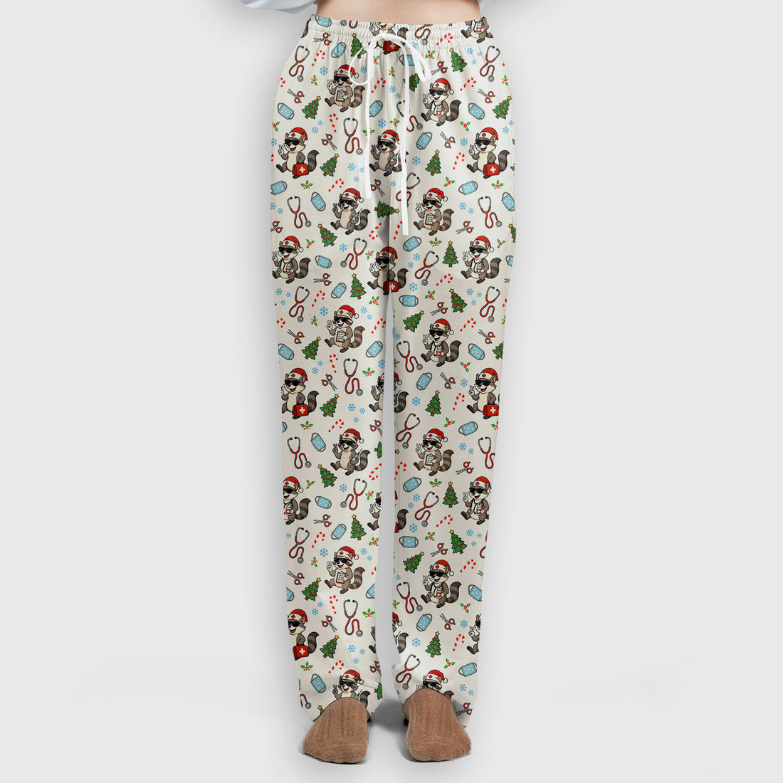 Funny Christmas Nurse Scrub Set - Raccoon Pattern with Santa Hat, Stethoscope and Tree - Cute Holiday Medical Scrubs Pants and Top Gift for RN CNA LPN