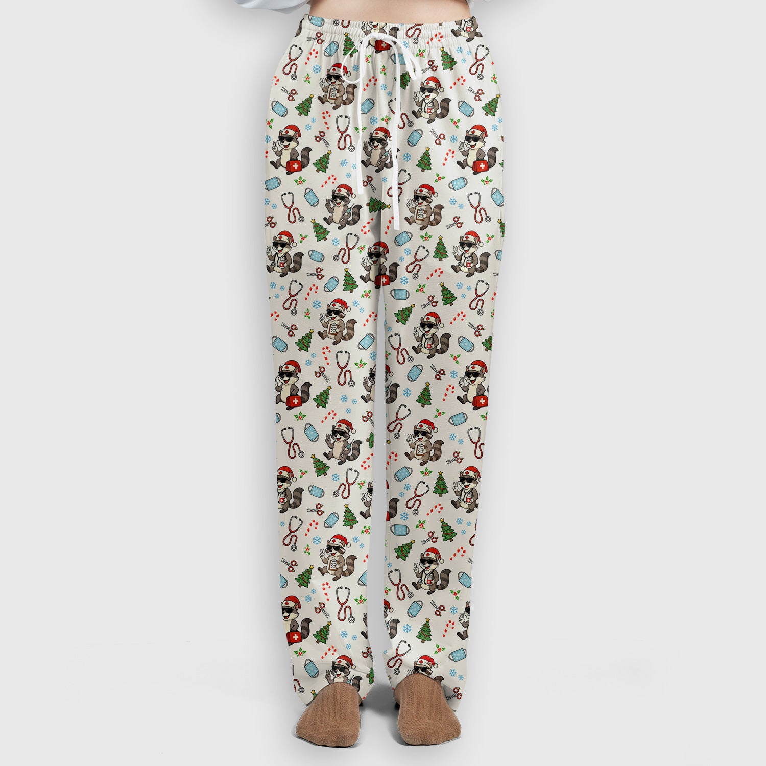 Funny Christmas Nurse Scrub Set - Raccoon Pattern with Santa Hat, Stethoscope and Tree - Cute Holiday Medical Scrubs Pants and Top Gift for RN CNA LPN