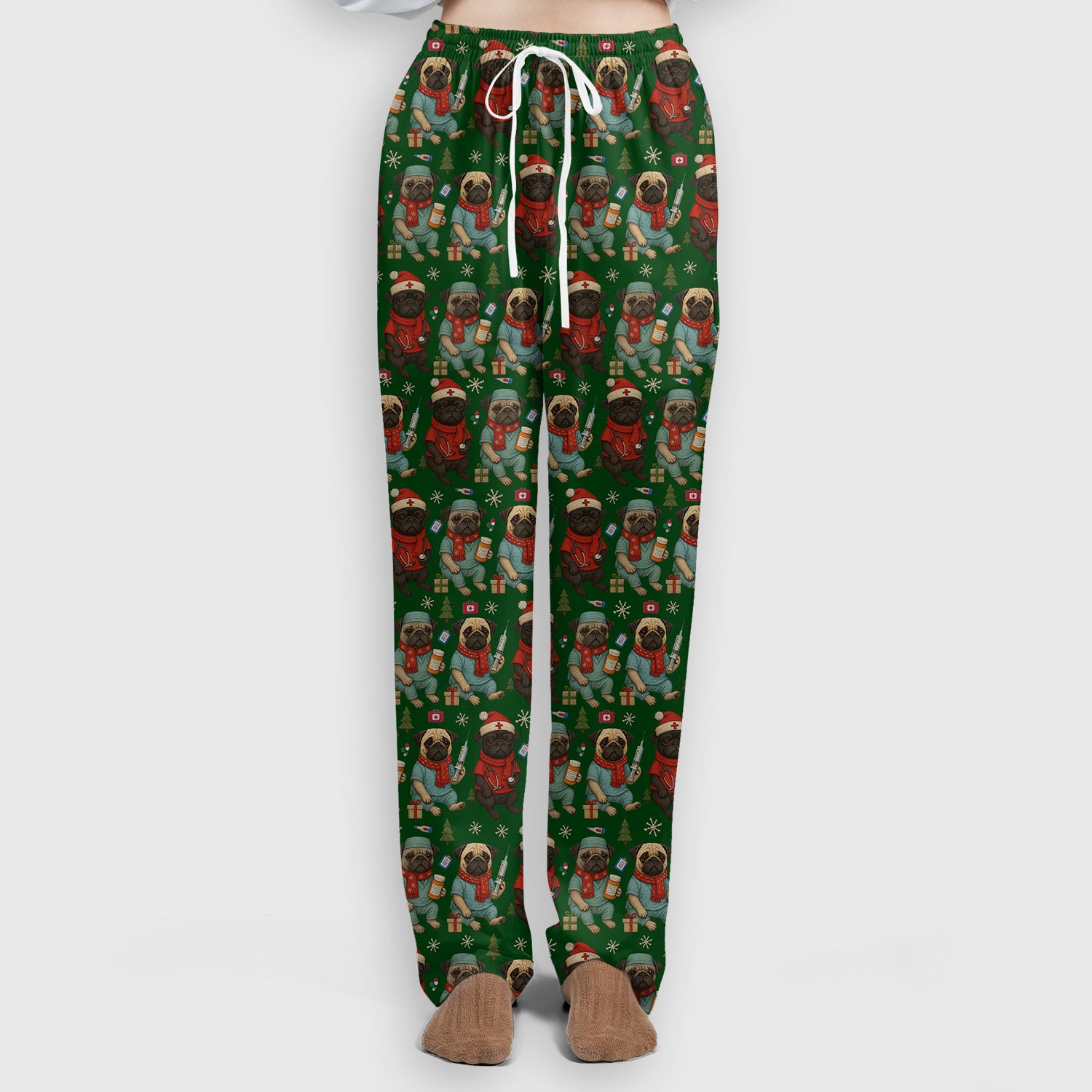 Christmas Pug Nurse Scrub Set, Cute Holiday Dog Medical Uniform Shirt For Nursing