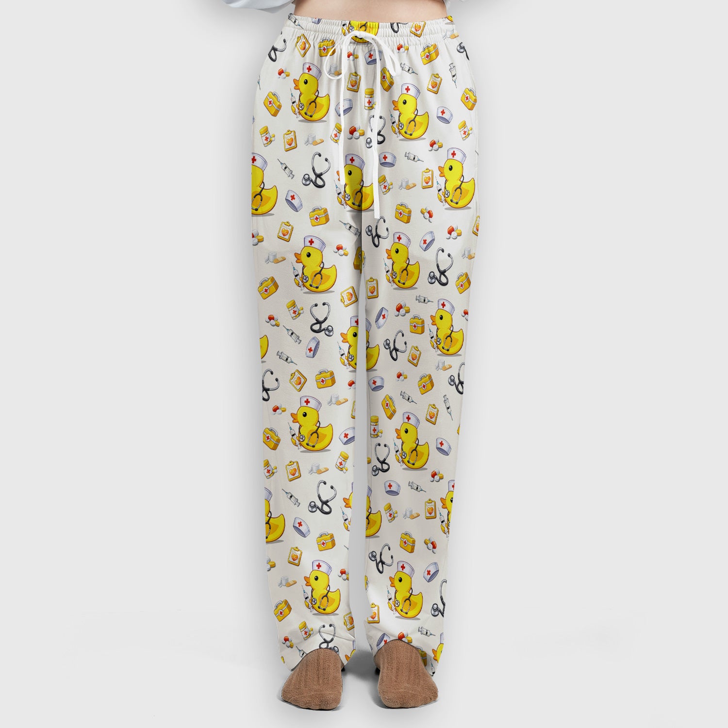 Playful Medical Duck Print Women's Scrub Set, Breathable Med Uniform