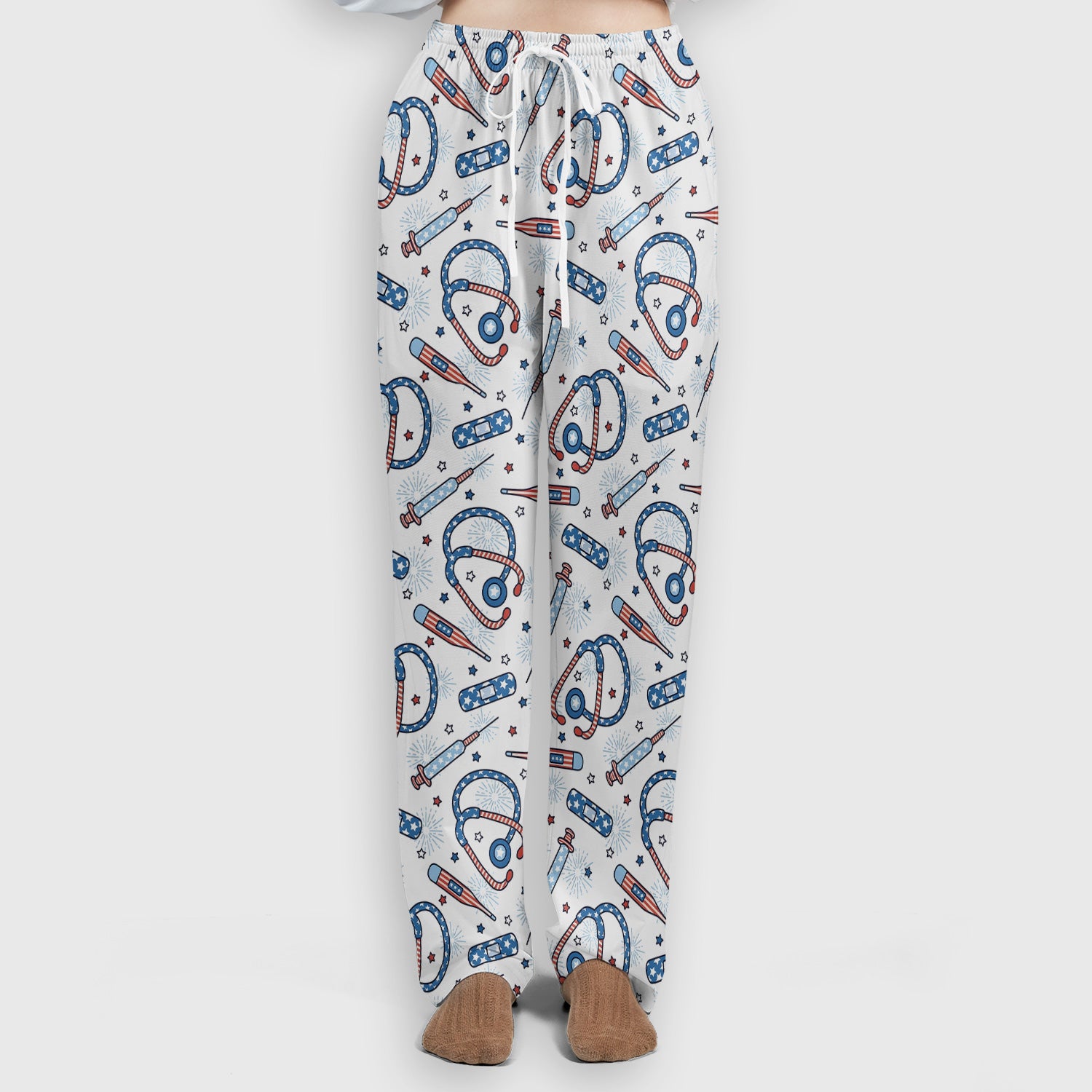 Funny Patriotic Stethoscope Bandage Nurse Pattern Scrub Set, Scrub Pants and V Neck Top