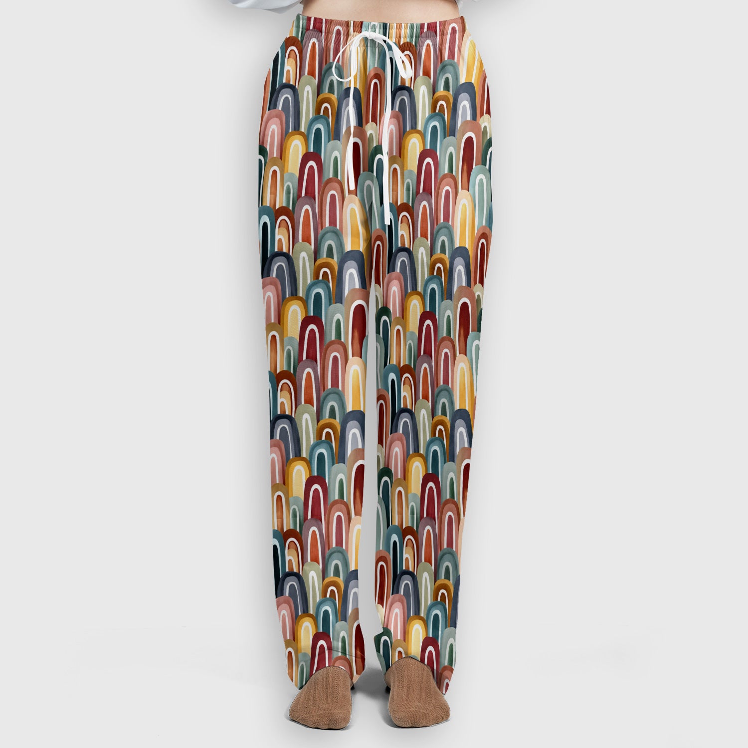 Retro Boho Rainbow Arch Pattern Scrub Set, Scrub Pants and V Neck Top