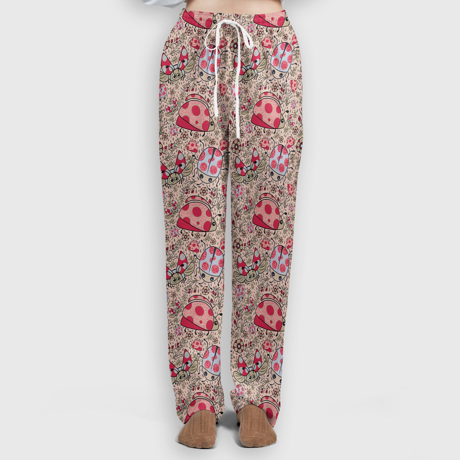 Cute Ladybug Rain Garden Pattern Scrub Set, Scrub Pants and V Neck Top