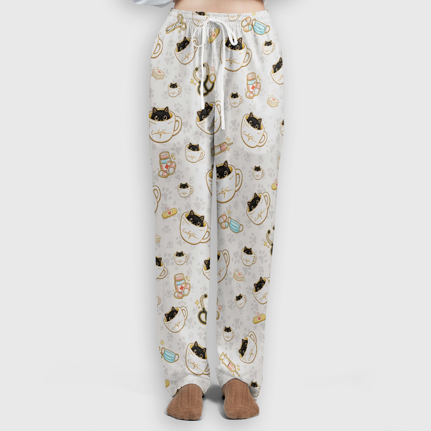 Cute Coffee Cat Medical Print Scrub Set, Scrub Pants and V Neck Top