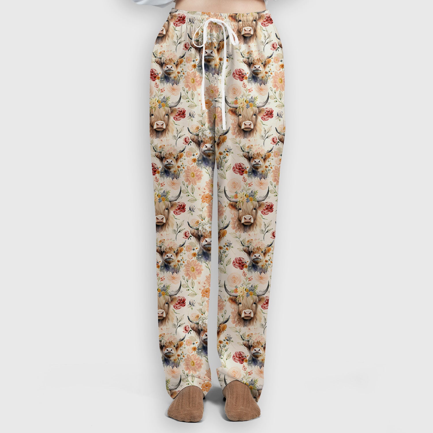 Cute Highland Cow Floral Pattern Scrub Set, Scrub Pants and V Neck Top