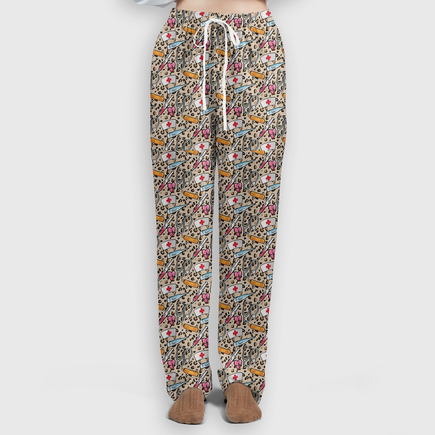 Leopard Medical Tools Pink Heart Print Scrub Set, Scrub Pants and V Neck Top
