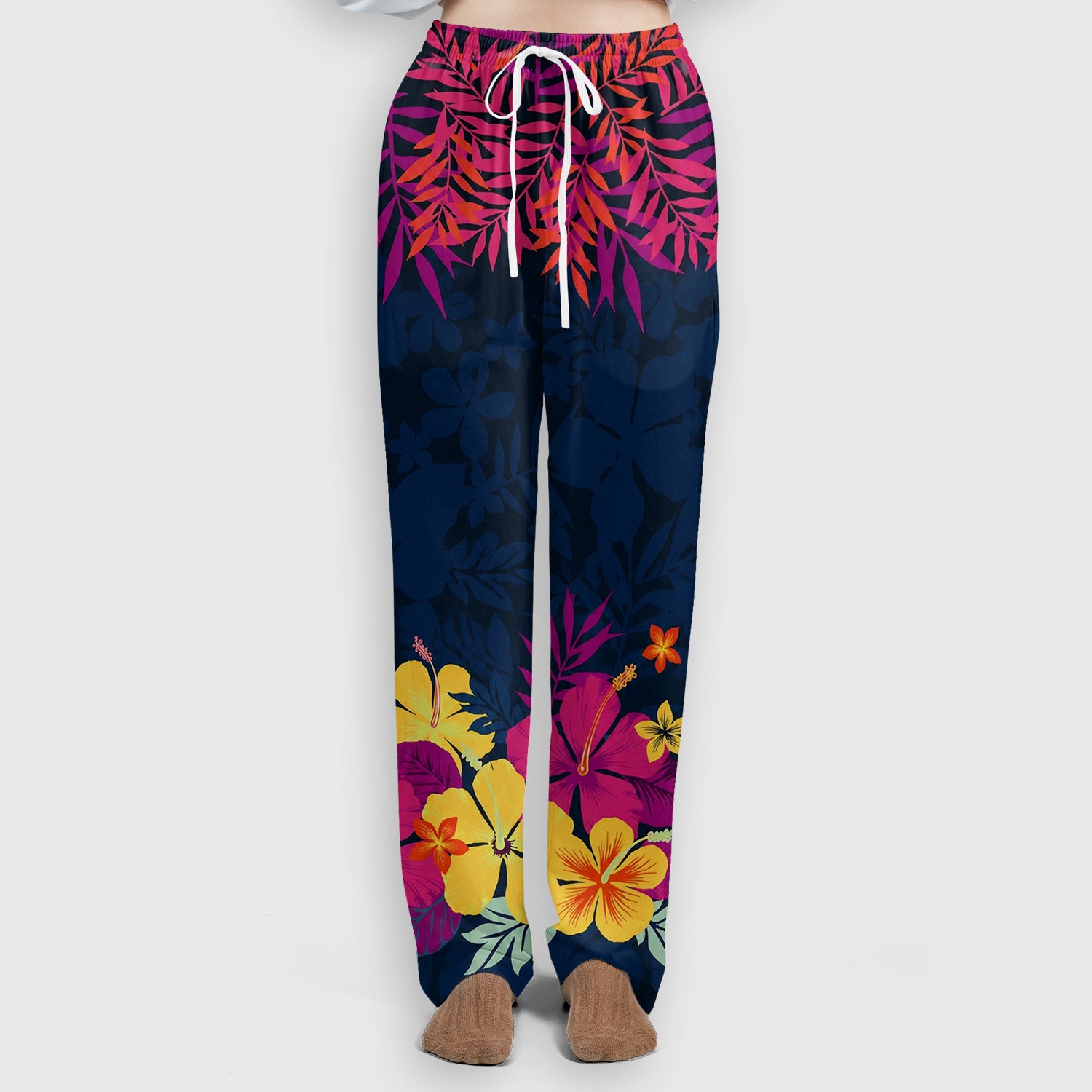 Tropical Hibiscus Palm Leaf Pattern Scrub Set, Scrub Pants and V Neck Top